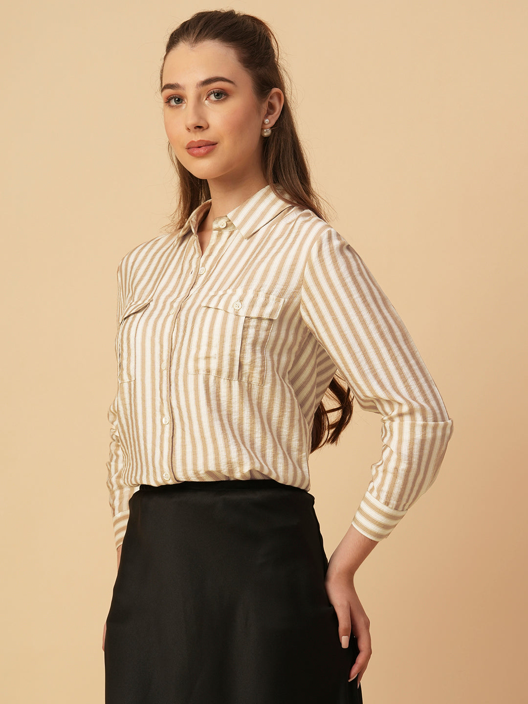 CRUSHED VISCOSE PRINTED STRIPES SHIRT