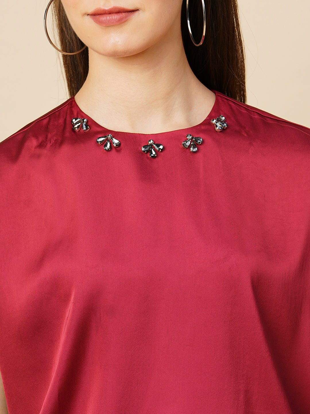 Satin Emebellished Drop Shoulder Cropped Blouson