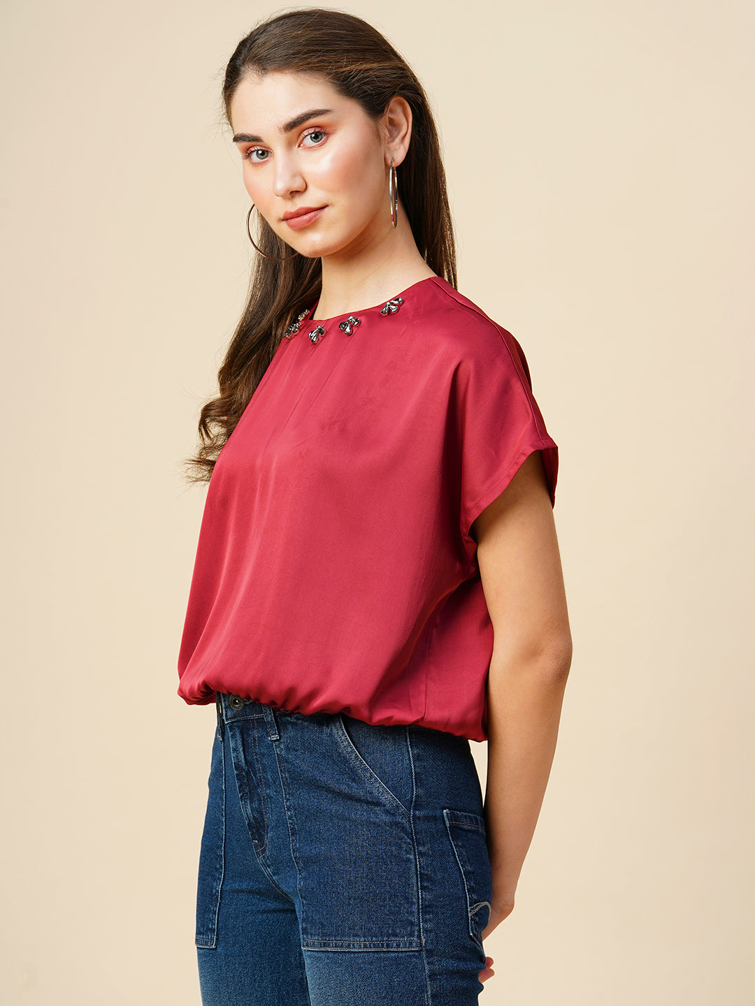 Satin Emebellished Drop Shoulder Cropped Blouson