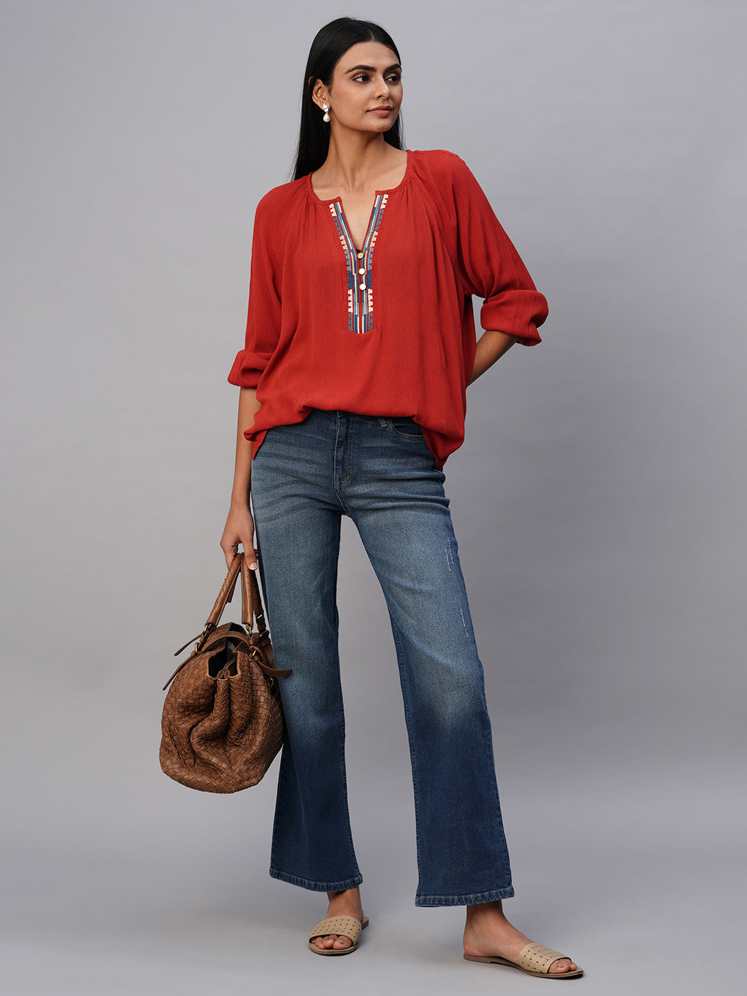Crinkle Rayon Embroidered Tunic Top