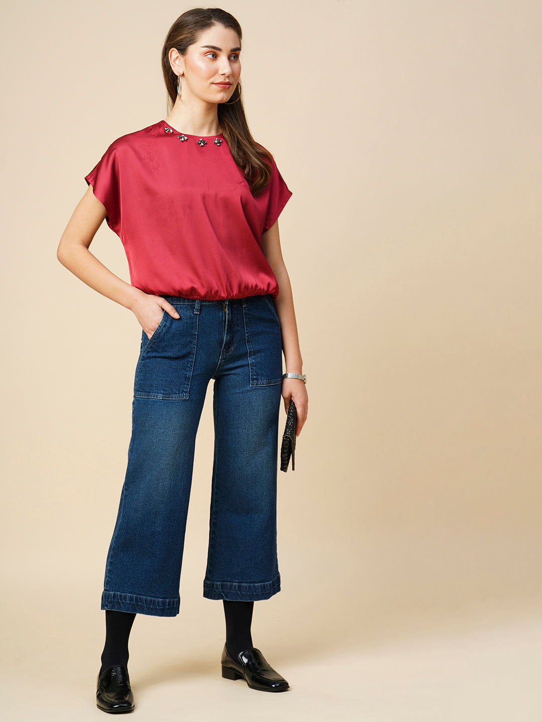 Satin Emebellished Drop Shoulder Cropped Blouson
