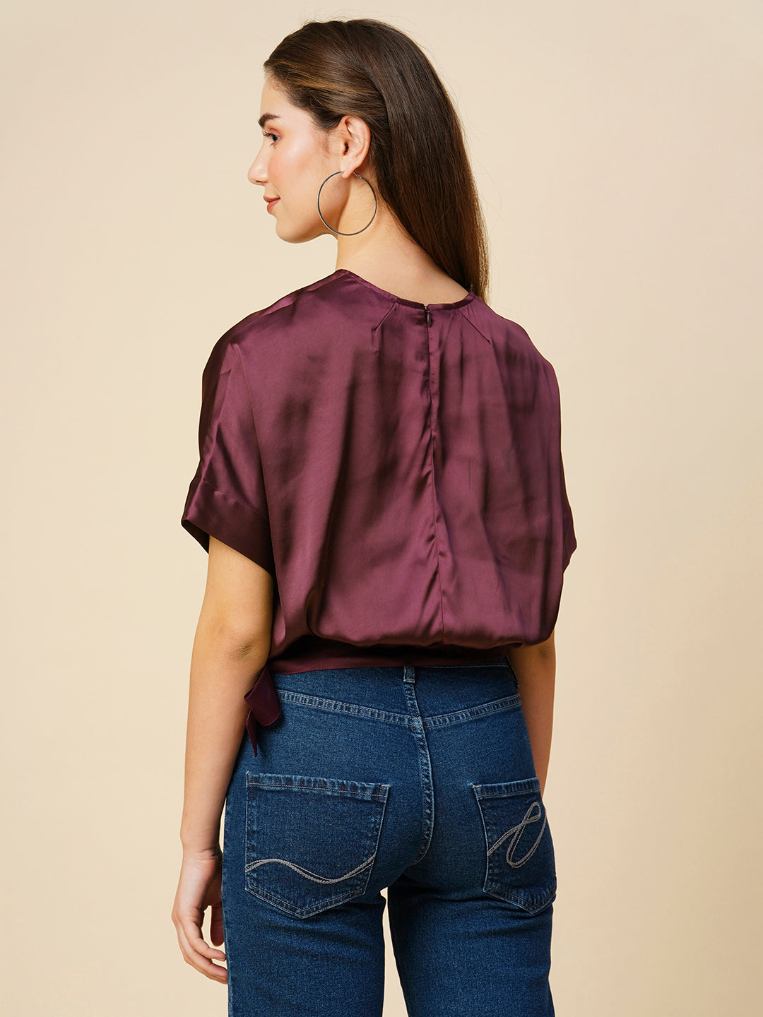 Satin Lycra Drop Shoulder Cropped Banded Blouson