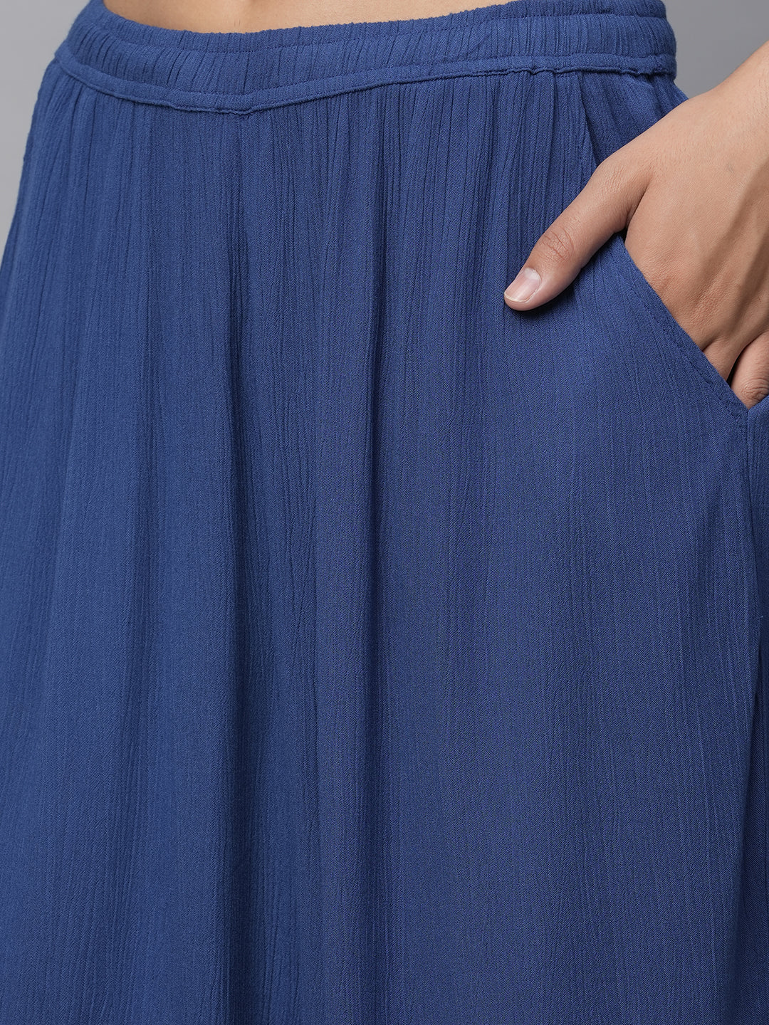 Crinkle Rayon Embroidered Synched Basque Top & Wide Leg Kurta Set