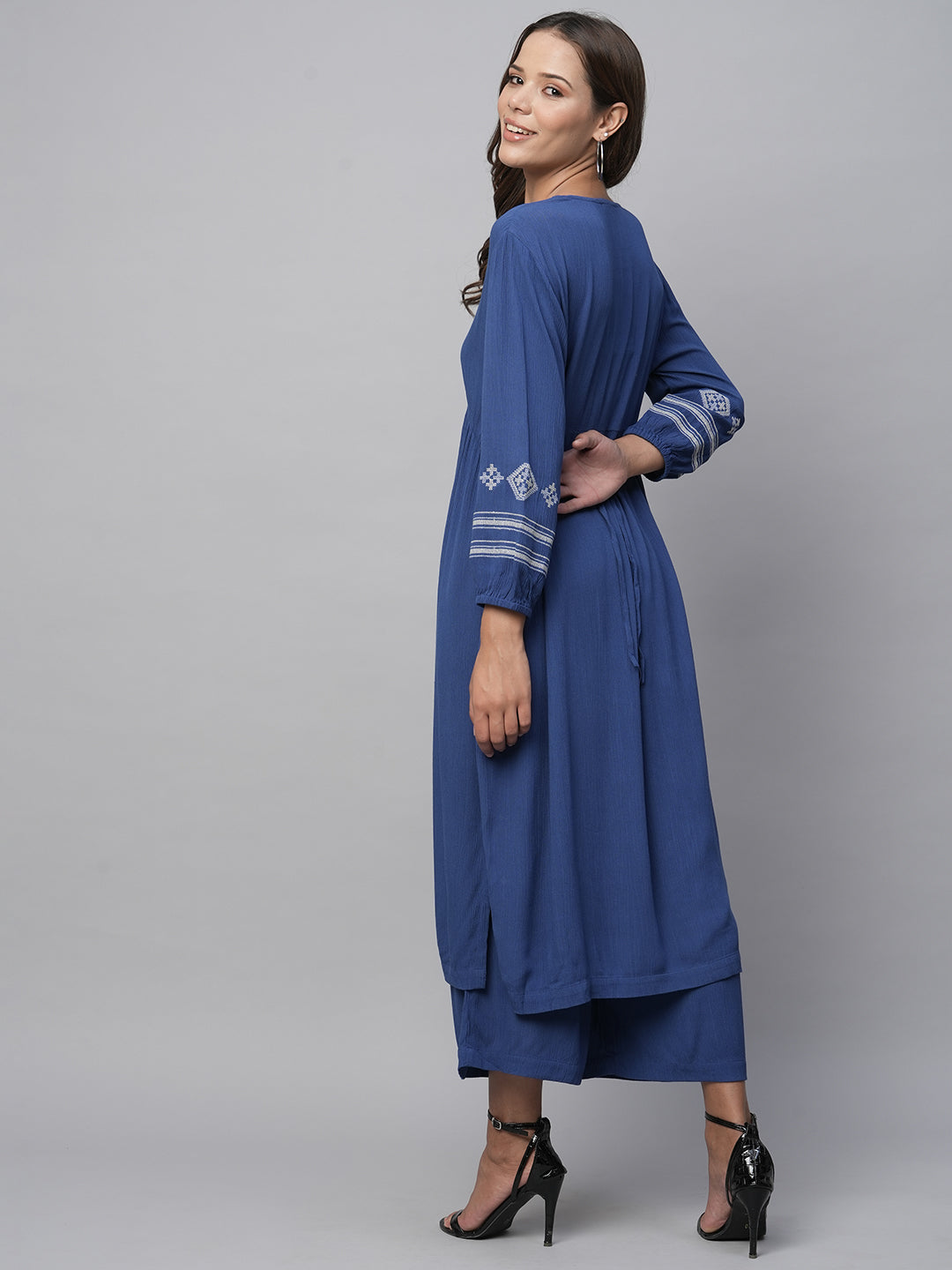 Crinkle Rayon Embroidered Synched Basque Top & Wide Leg Kurta Set