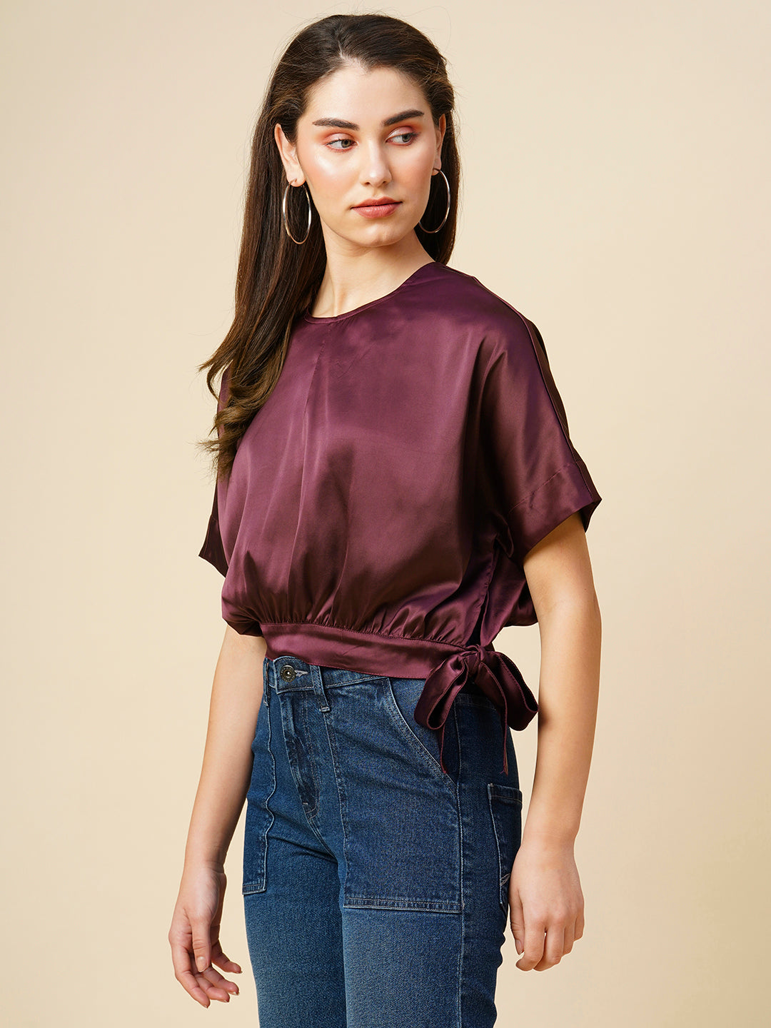 Satin Lycra Drop Shoulder Cropped Banded Blouson