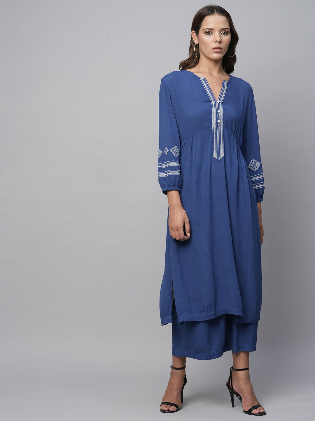 Crinkle Rayon Embroidered Synched Basque Top & Wide Leg Kurta Set