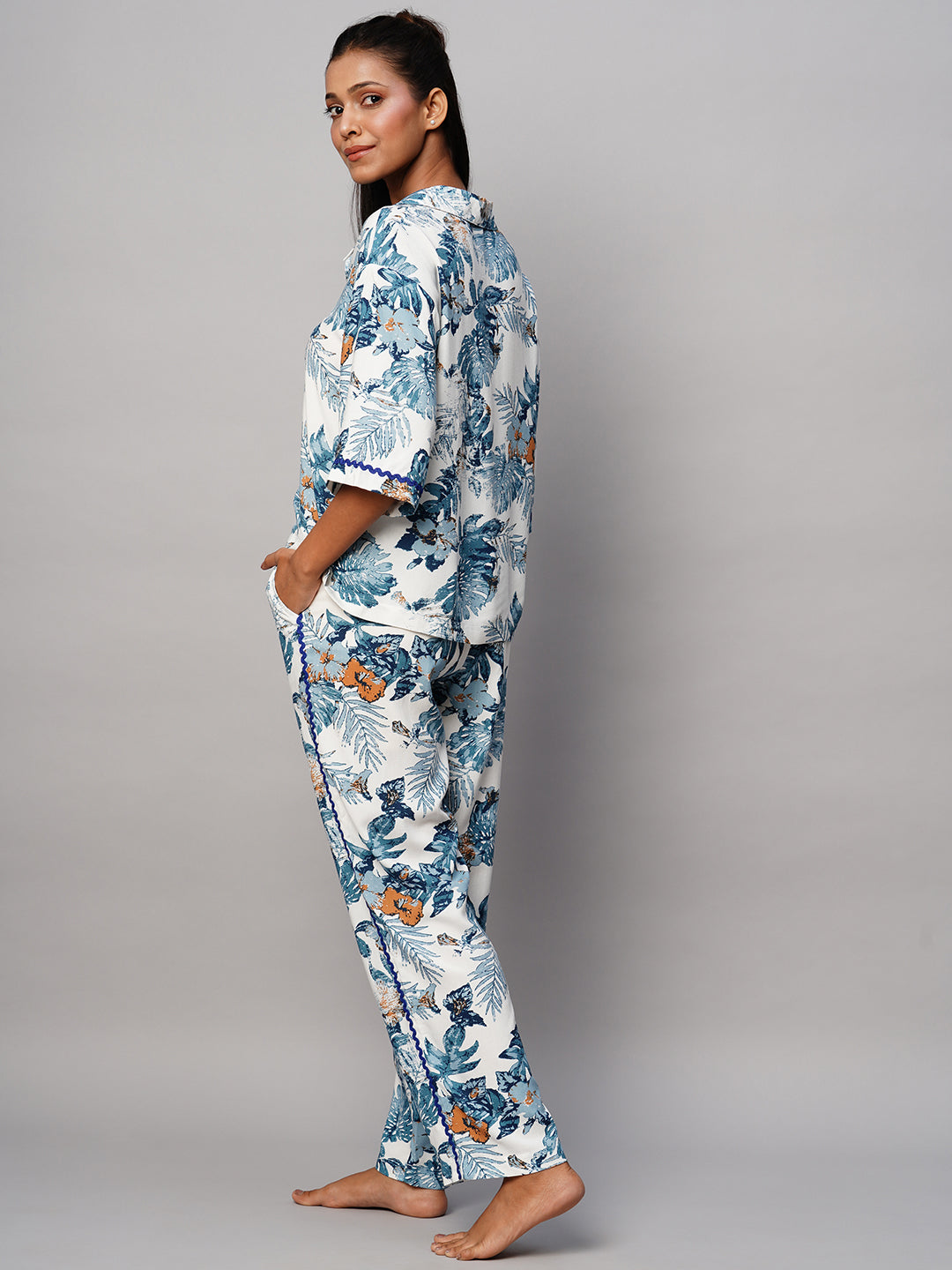 Printed Viscose Lapel Collar, Drop Shoulder Pj Set With Ric Rac Detailing