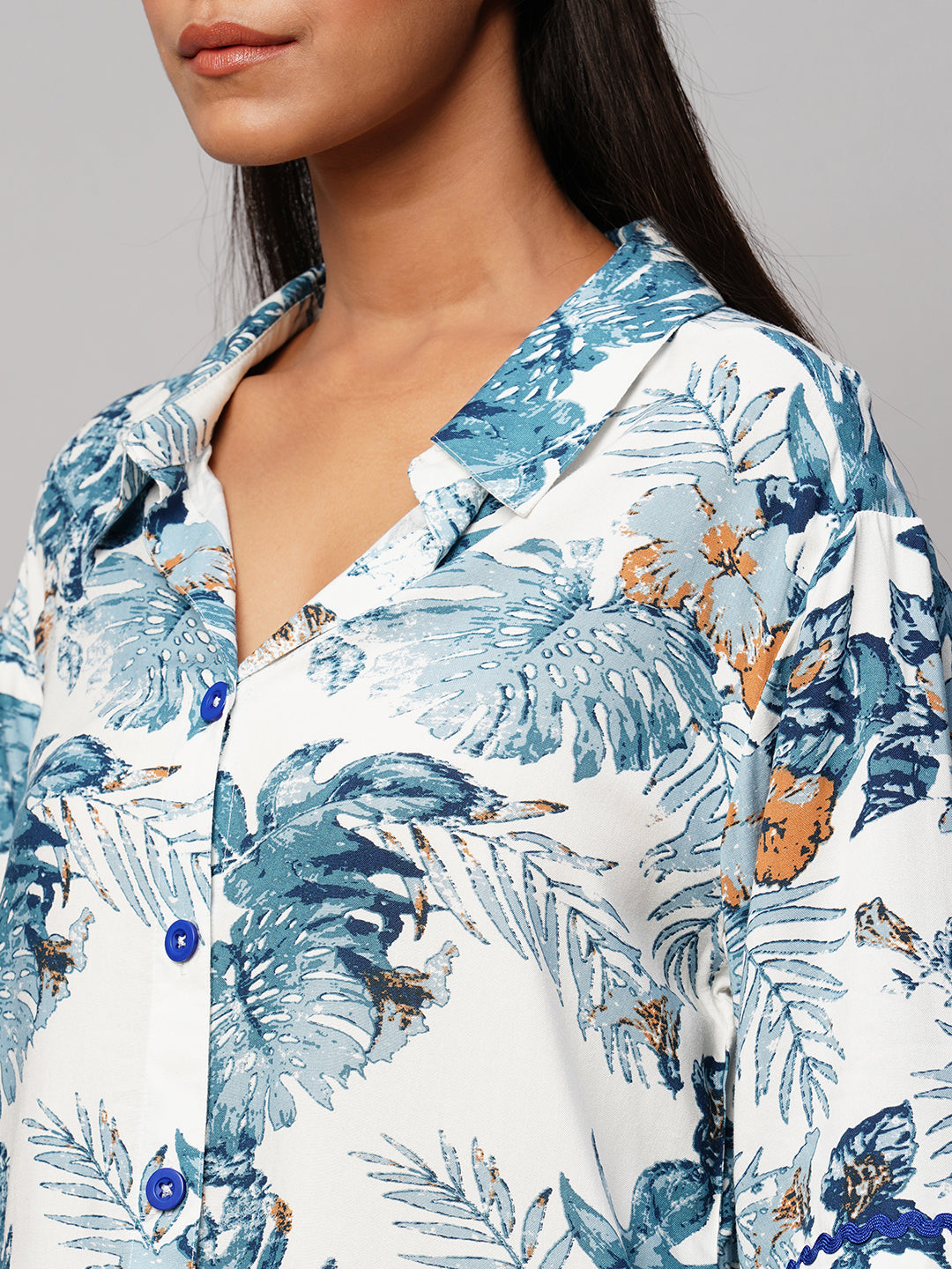 Printed Viscose Lapel Collar, Drop Shoulder Pj Set With Ric Rac Detailing