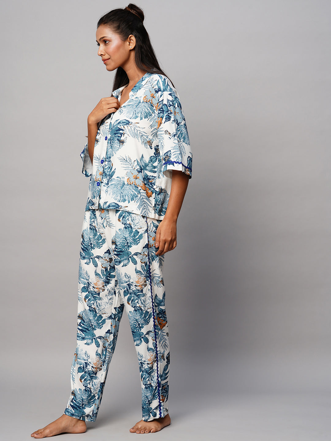 Printed Viscose Lapel Collar, Drop Shoulder Pj Set With Ric Rac Detailing