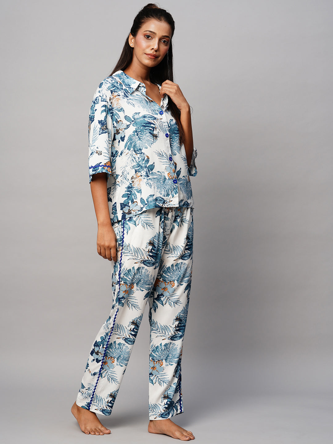 Printed Viscose Lapel Collar, Drop Shoulder Pj Set With Ric Rac Detailing