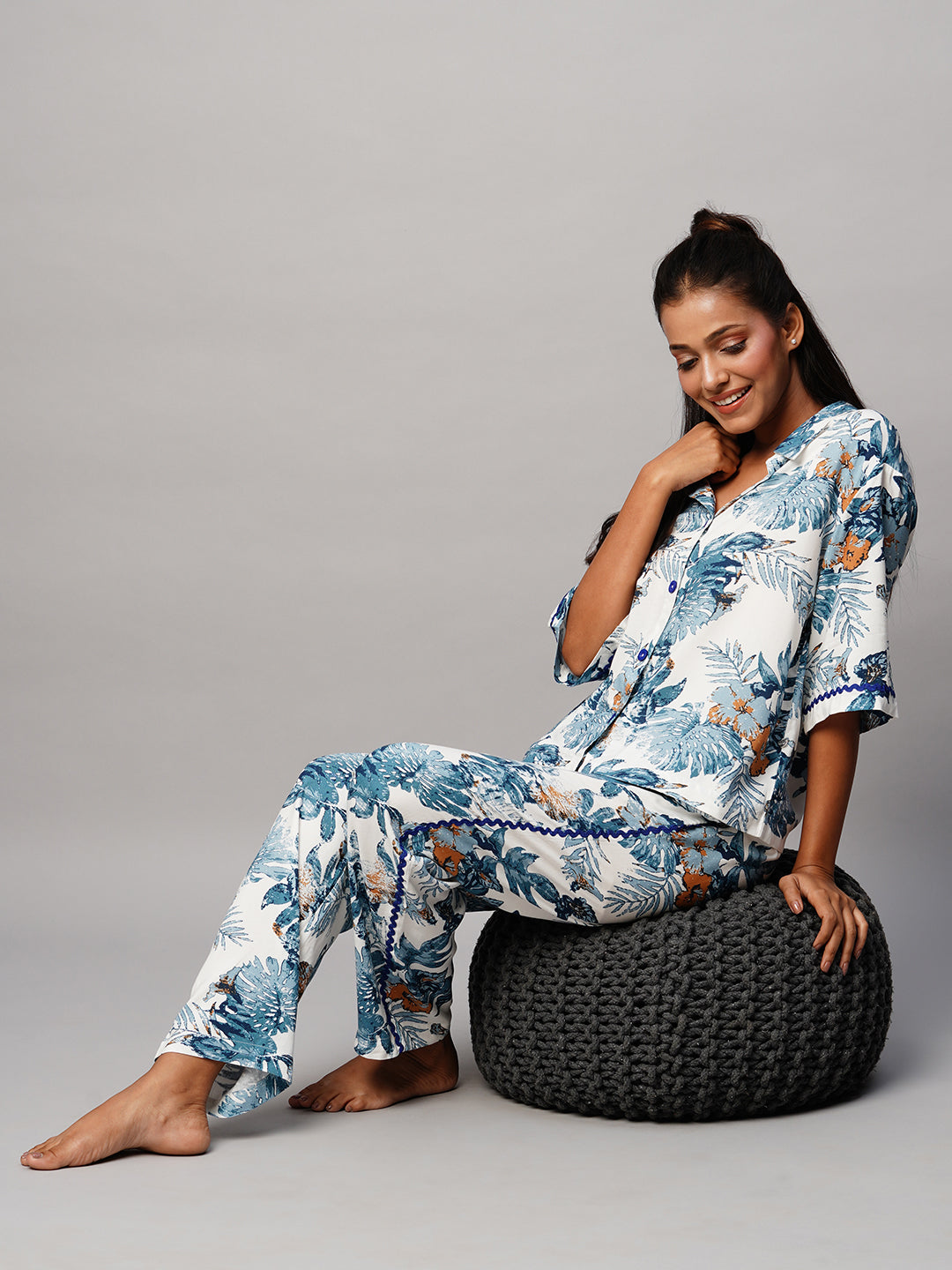 Printed Viscose Lapel Collar, Drop Shoulder Pj Set With Ric Rac Detailing