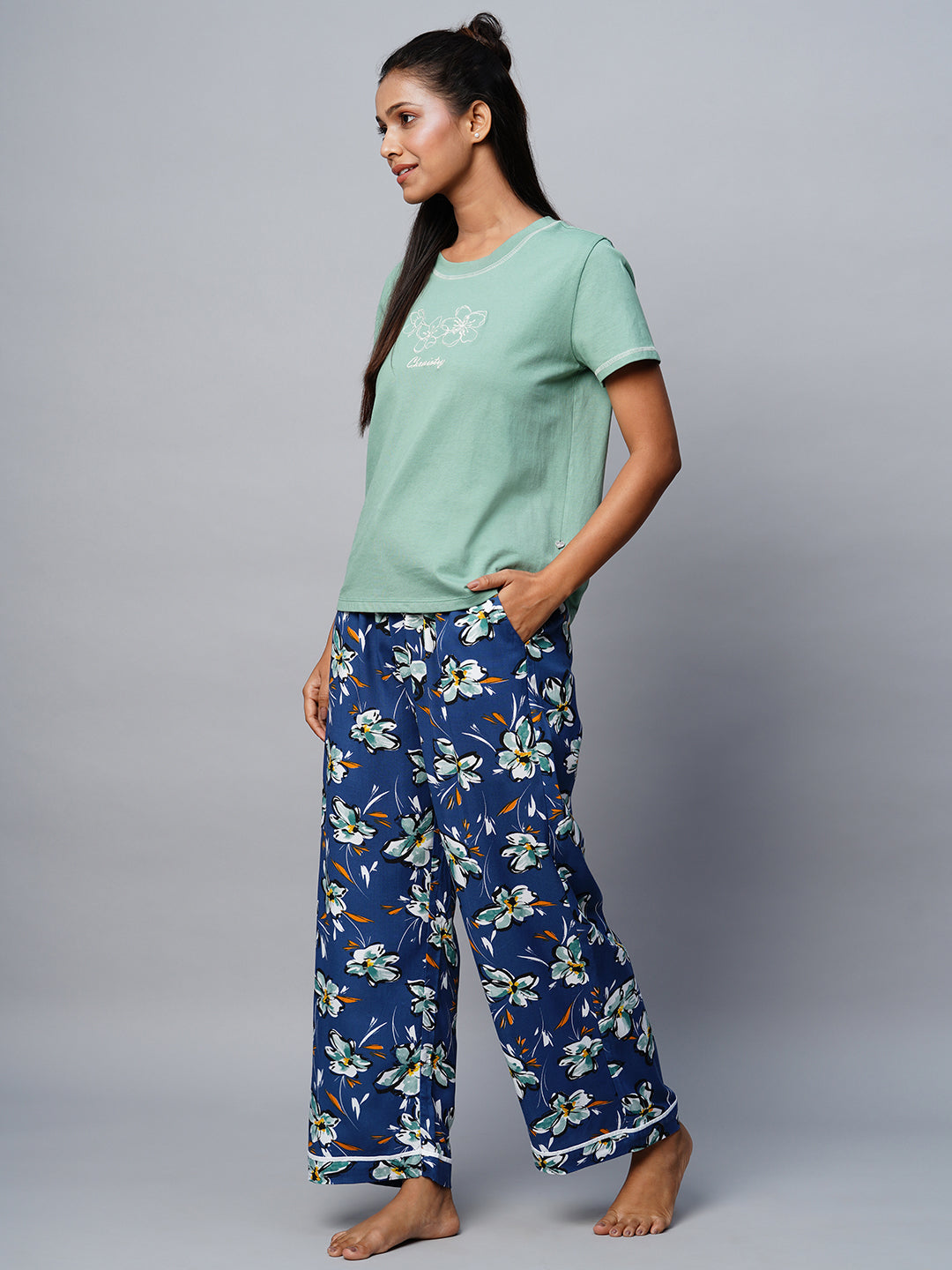Embroidered Tee & Printed Viscose Pj Set
