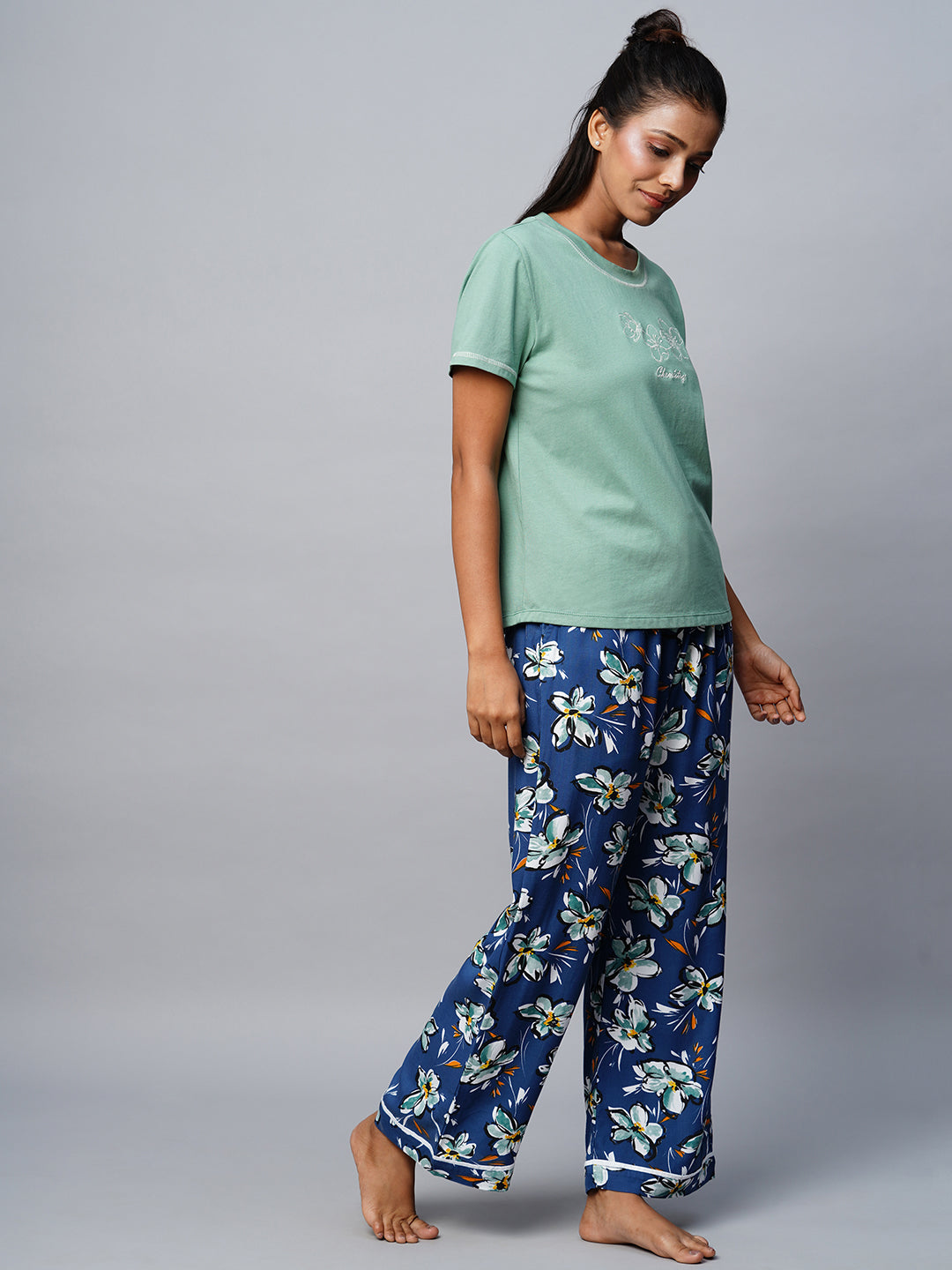 Embroidered Tee & Printed Viscose Pj Set