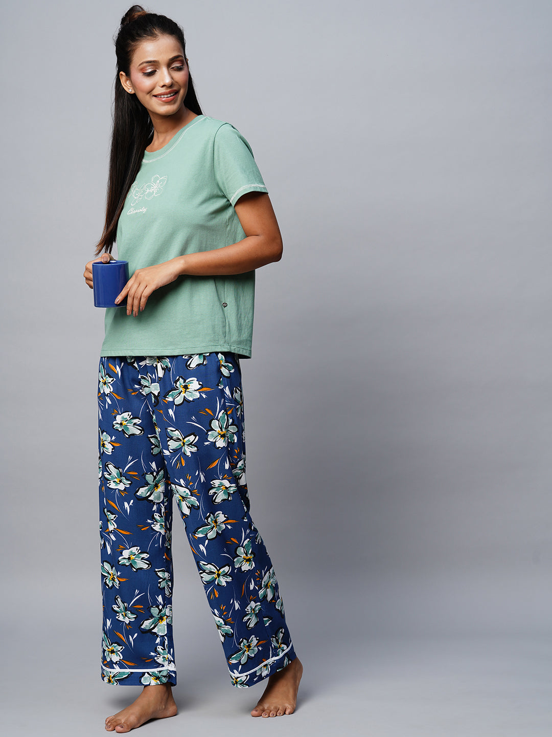 Embroidered Tee & Printed Viscose Pj Set