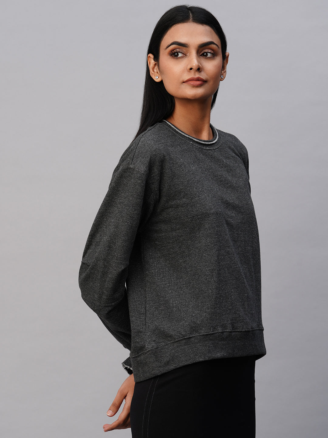 Stippled French Terry Drop Shoulder Sweatshirt W/ Tucked Detailed Sleeves