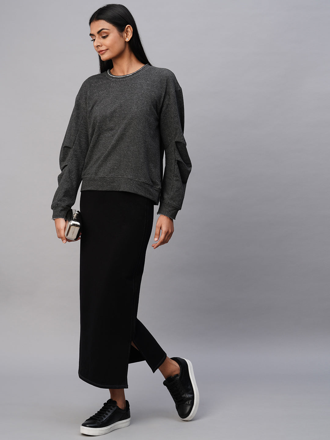 Stippled French Terry Drop Shoulder Sweatshirt W/ Tucked Detailed Sleeves