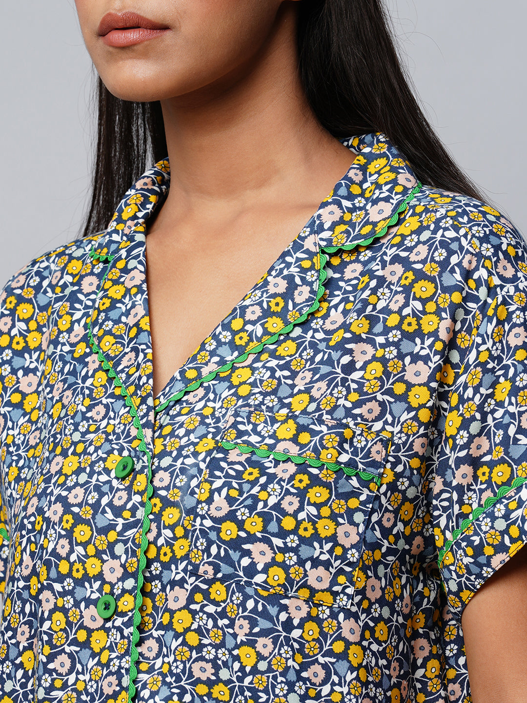 Printed Viscose Printed Pj Set W/ Ric Rac Detailing