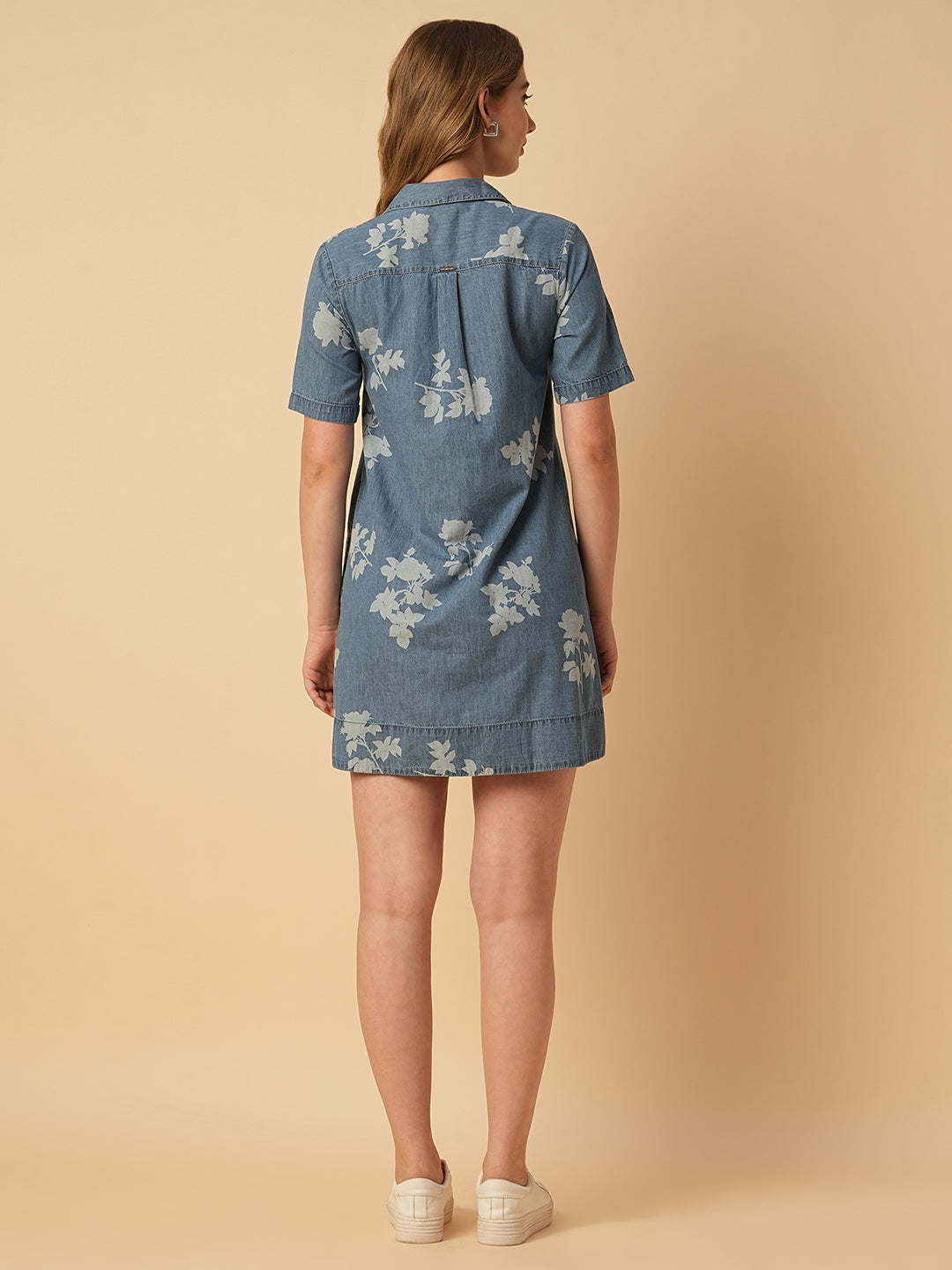 PRINTED DENIM POP OVER A-LINE DRESS