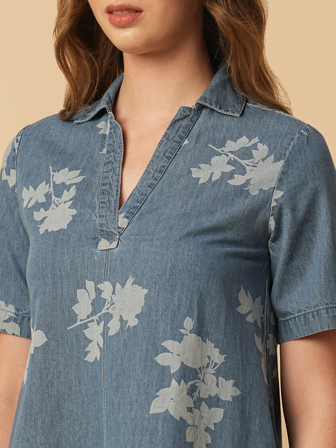 PRINTED DENIM POP OVER A-LINE DRESS