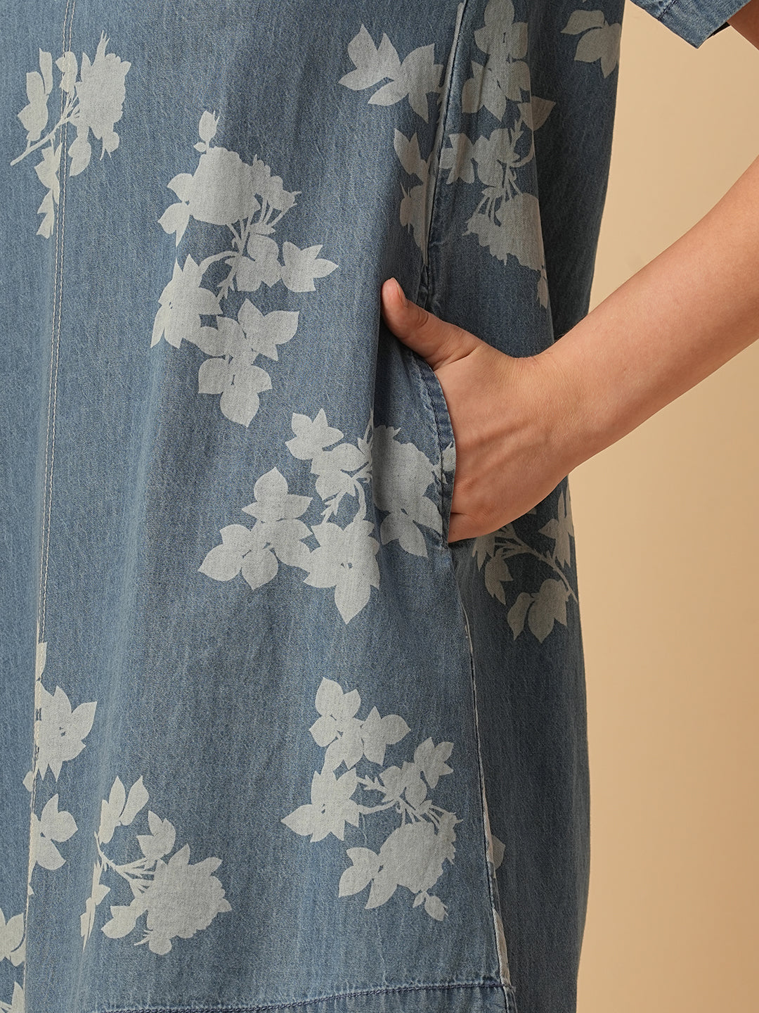 PRINTED DENIM POP OVER A-LINE DRESS