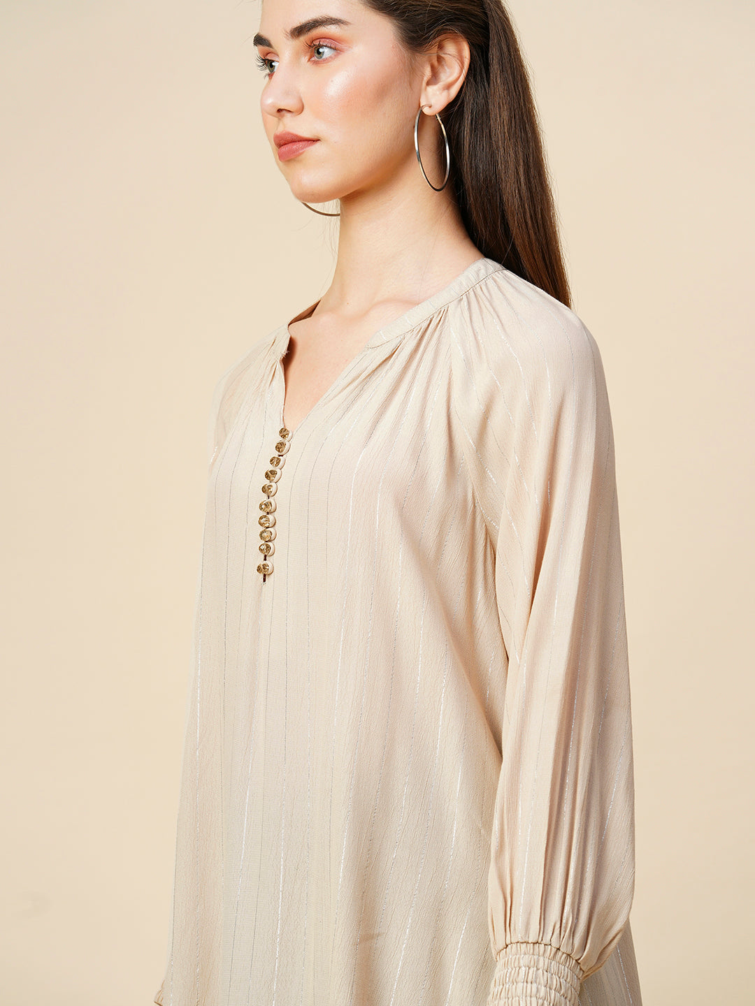Viscose Crepe W/ Lurex Raglan Kurta With Crystal Buttons