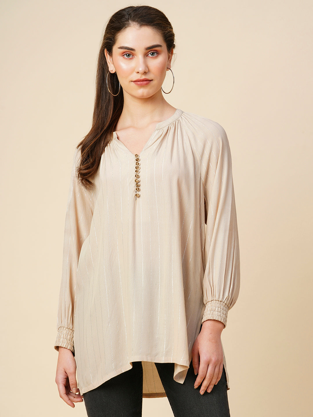 Viscose Crepe W/ Lurex Raglan Kurta With Crystal Buttons