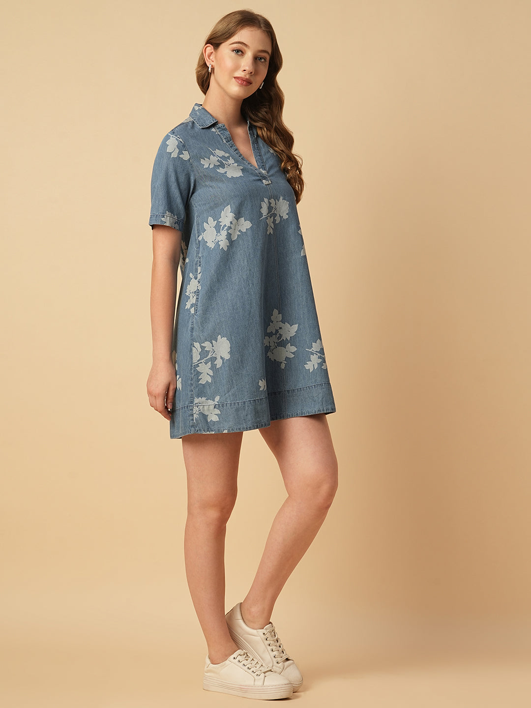 PRINTED DENIM POP OVER A-LINE DRESS