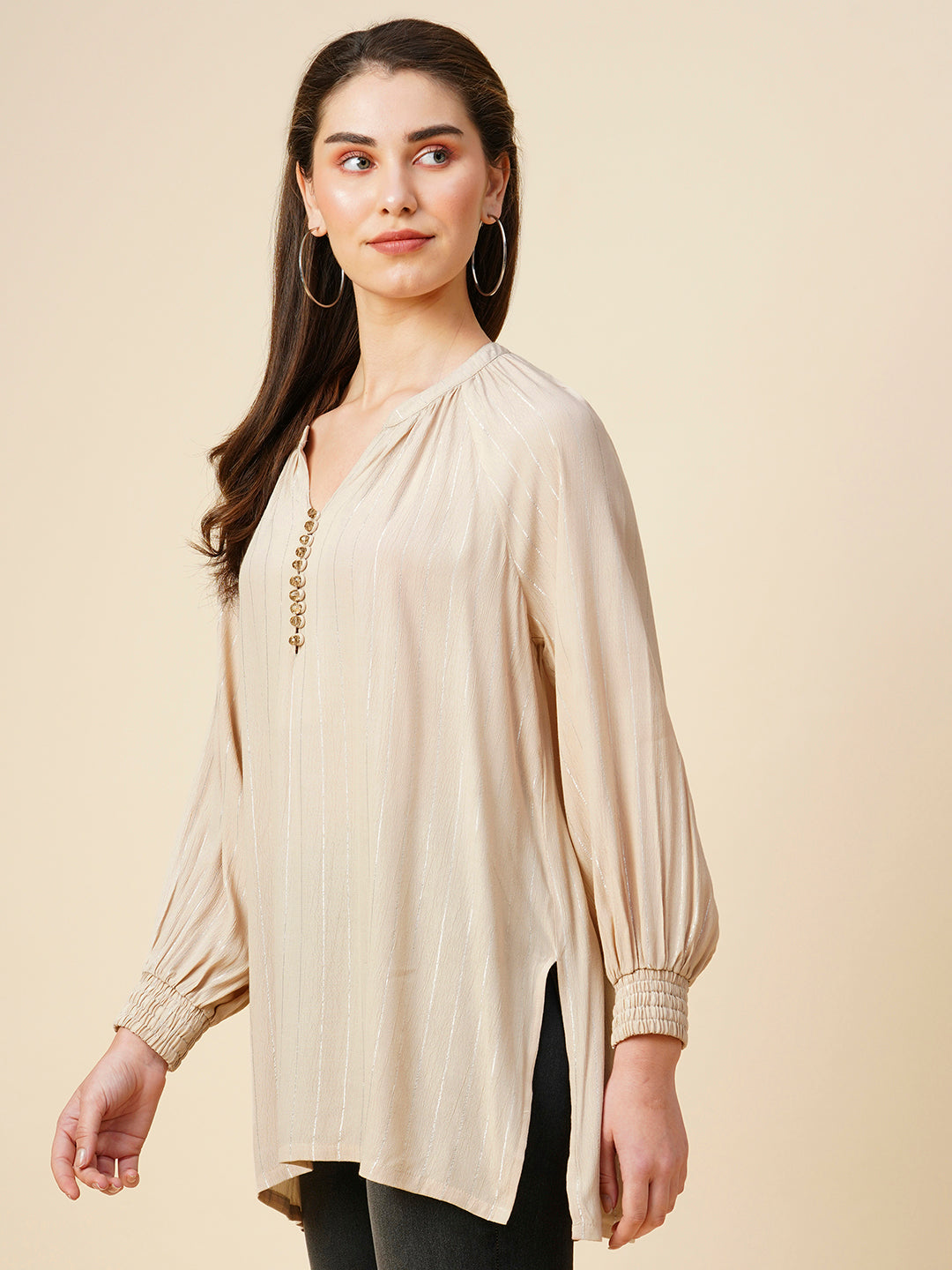 Viscose Crepe W/ Lurex Raglan Kurta With Crystal Buttons