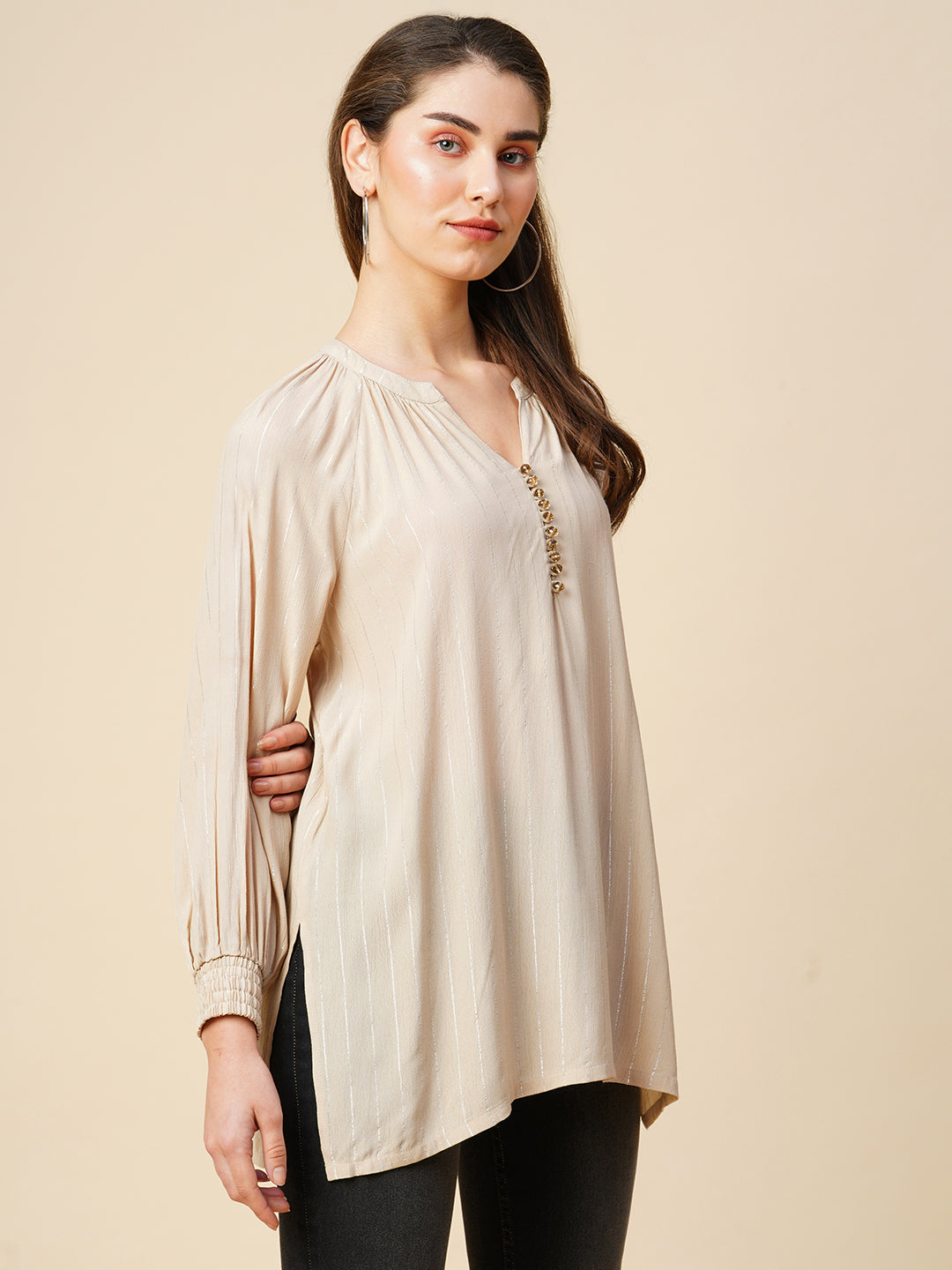 Viscose Crepe W/ Lurex Raglan Kurta With Crystal Buttons