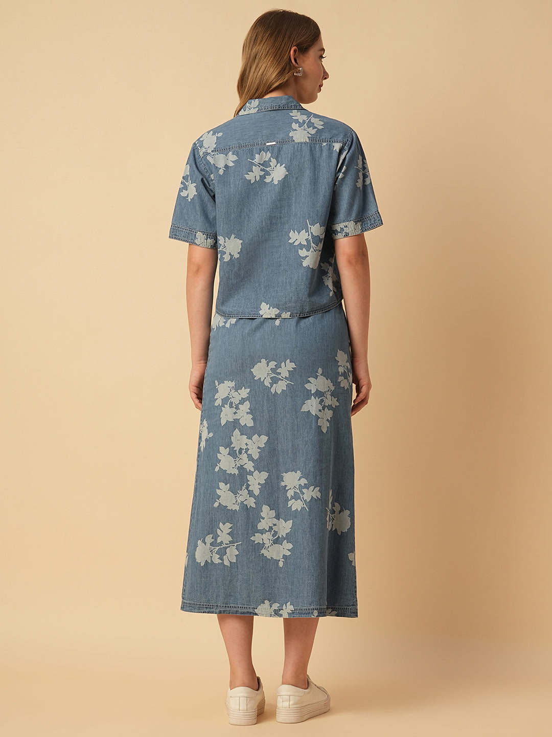 PRINTED DENIM POP OVER TOP & SKIRT CO-ORD SET