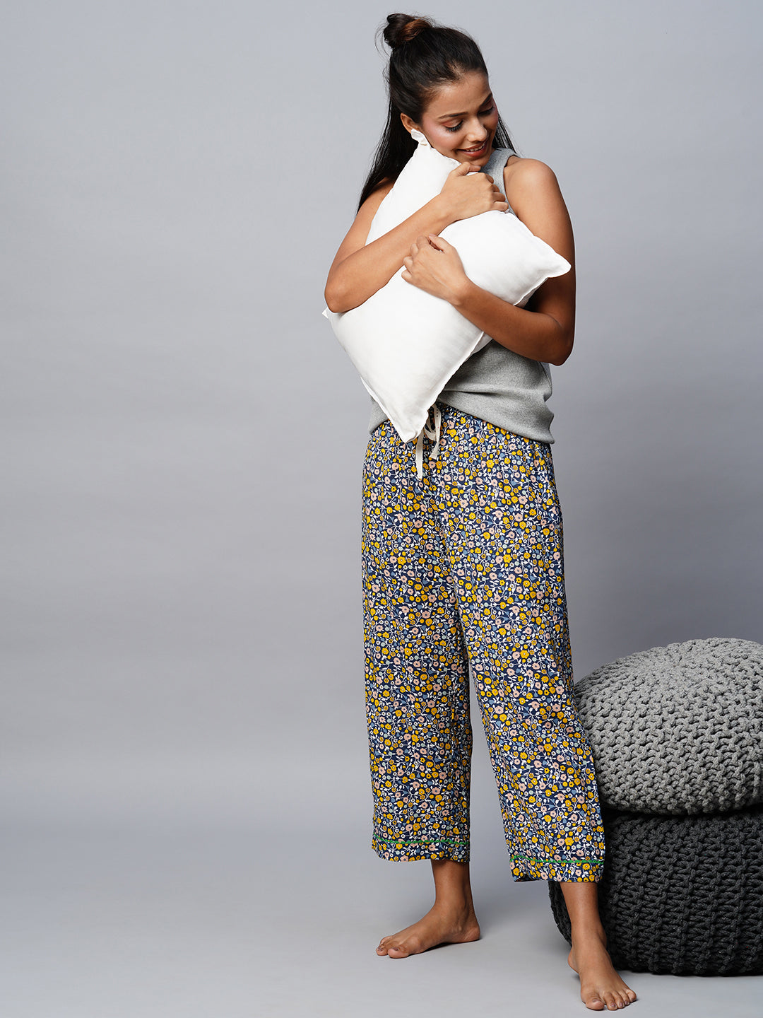 Printed Rayon Cropped Pj'S W/ Ric Rac Detailing