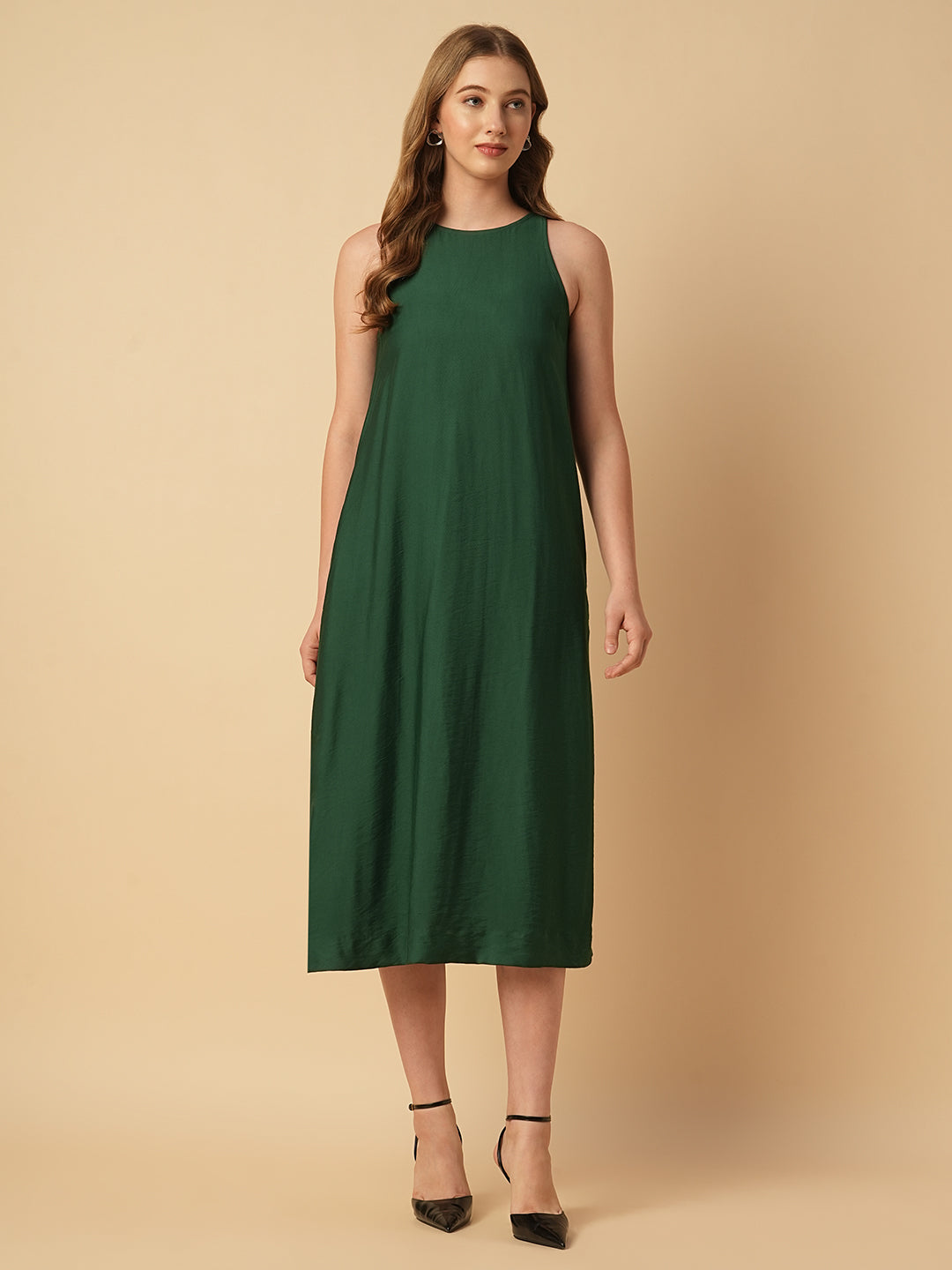 VISCOSE TWILL INCUT A-LINE DRESS W/ SIDE SLITS