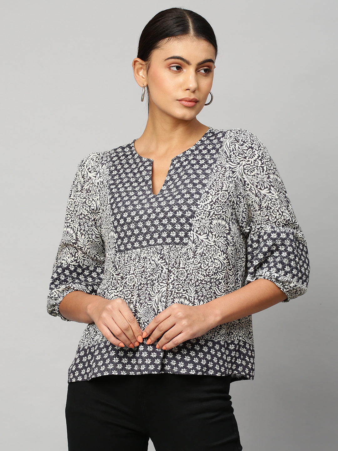 Mix 'N' Match Print Crinkle Viscose Quited Yoke Top