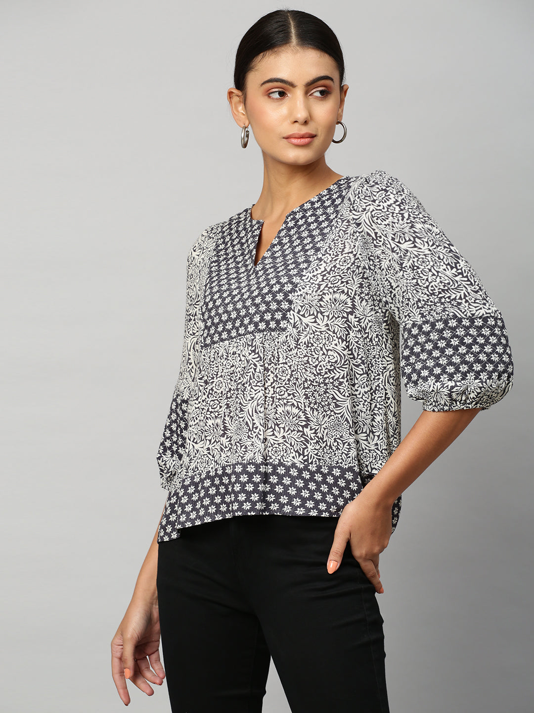 Mix 'N' Match Print Crinkle Viscose Quited Yoke Top