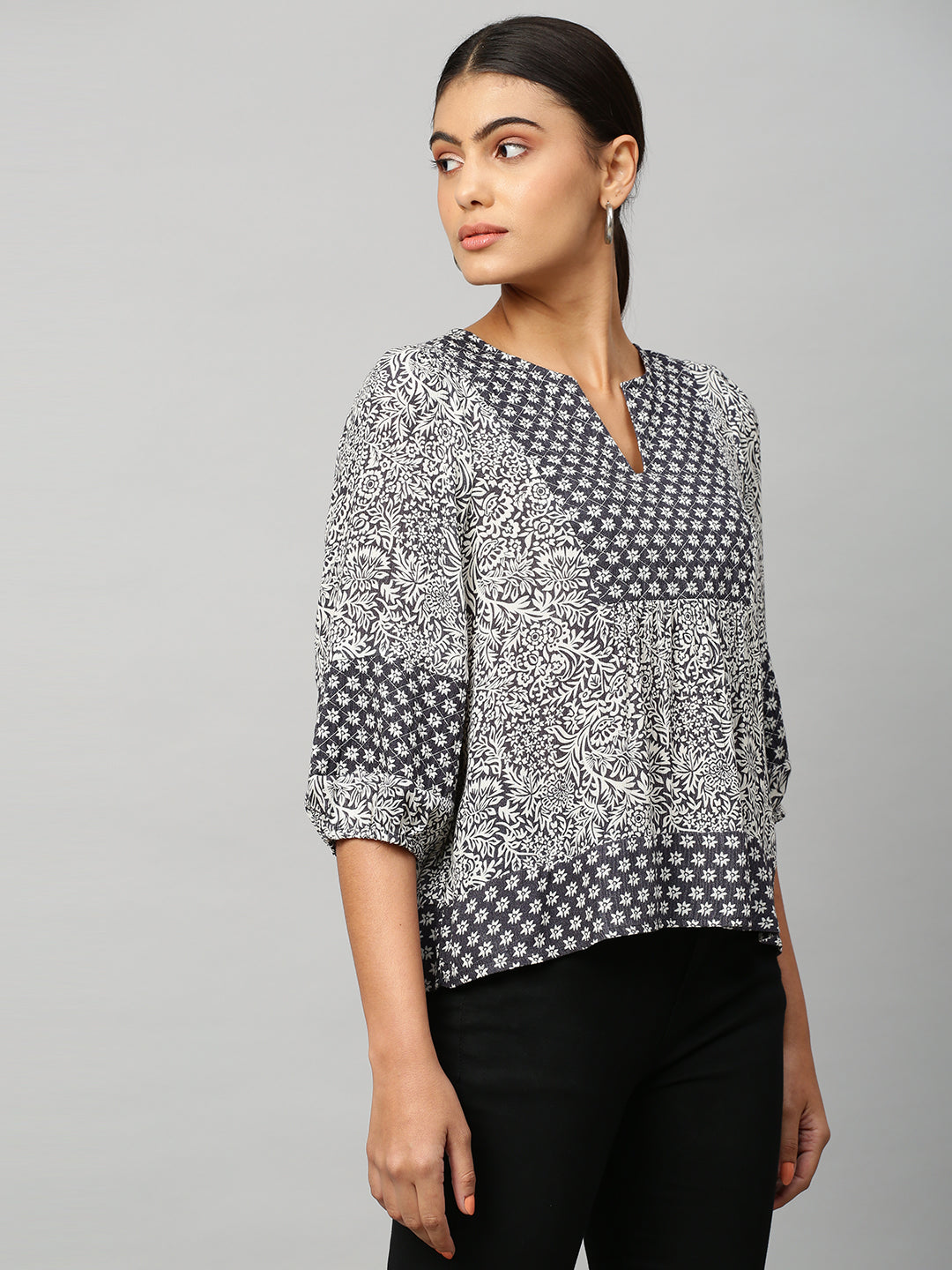 Mix 'N' Match Print Crinkle Viscose Quited Yoke Top