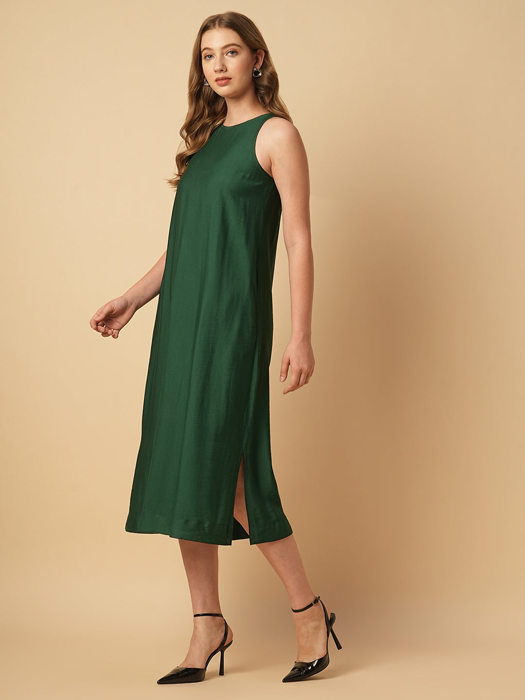 VISCOSE TWILL INCUT A-LINE DRESS W/ SIDE SLITS