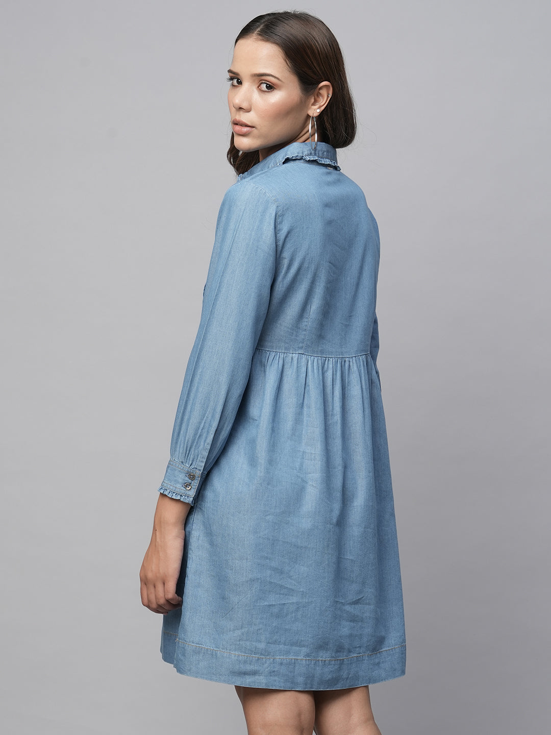 Pleated Basque Cotton Tencel Denim Shirt Dress