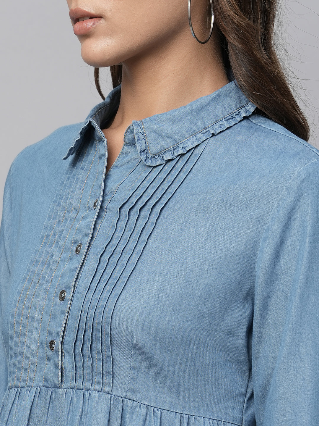 Pleated Basque Cotton Tencel Denim Shirt Dress