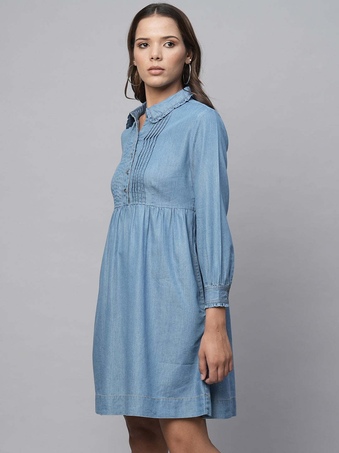 Pleated Basque Cotton Tencel Denim Shirt Dress