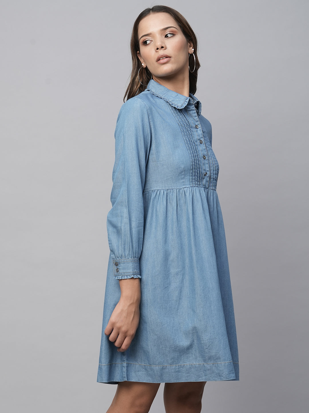 Pleated Basque Cotton Tencel Denim Shirt Dress