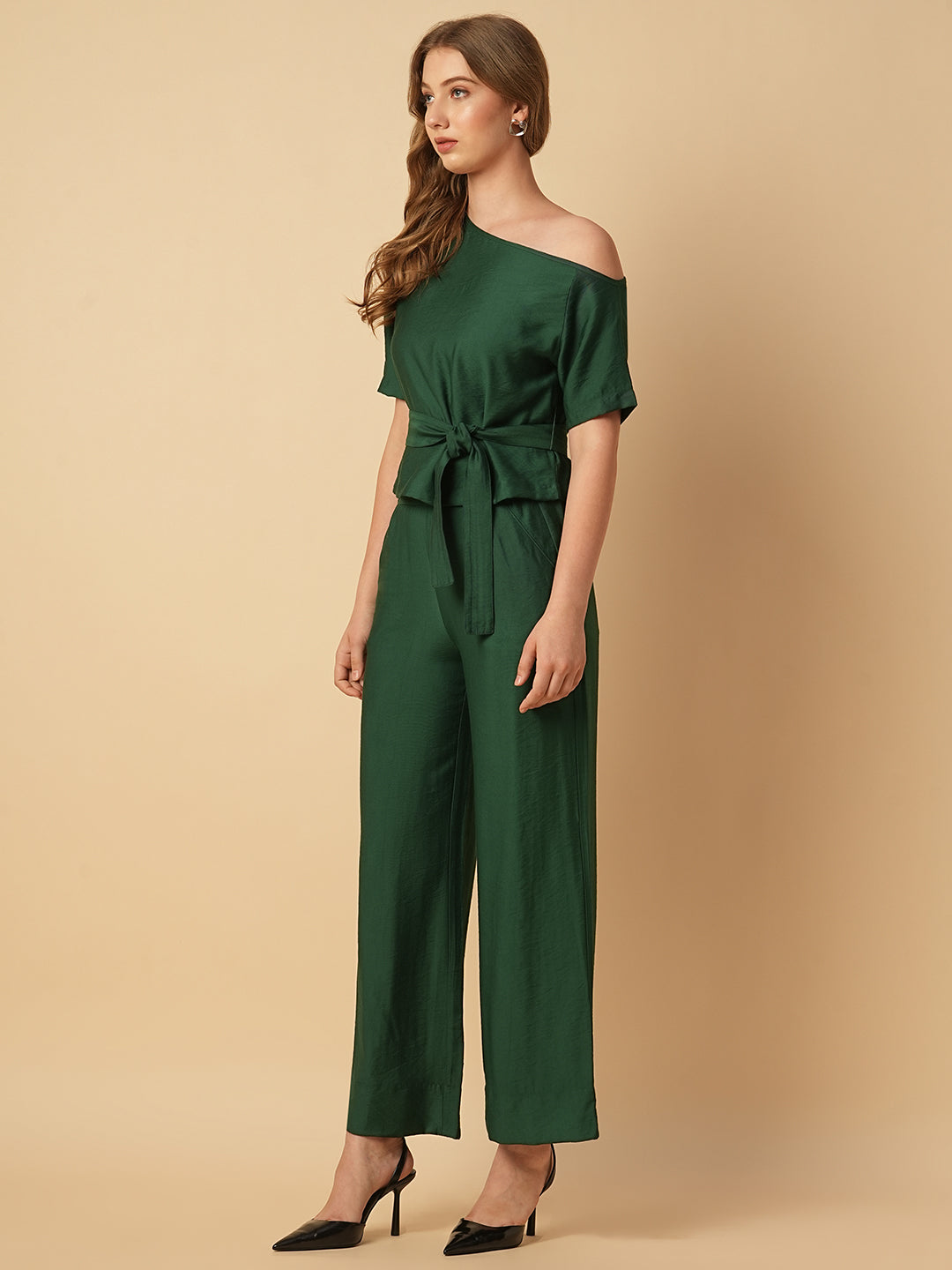 VISCOSE TWILL ONE SHOULDER BELTED TOP & PULL ON TROUSER CO-ORD SET