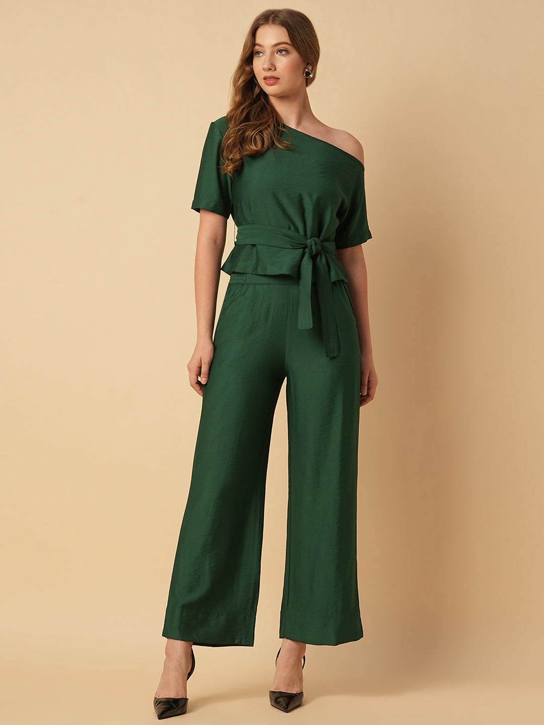 VISCOSE TWILL ONE SHOULDER BELTED TOP & PULL ON TROUSER CO-ORD SET