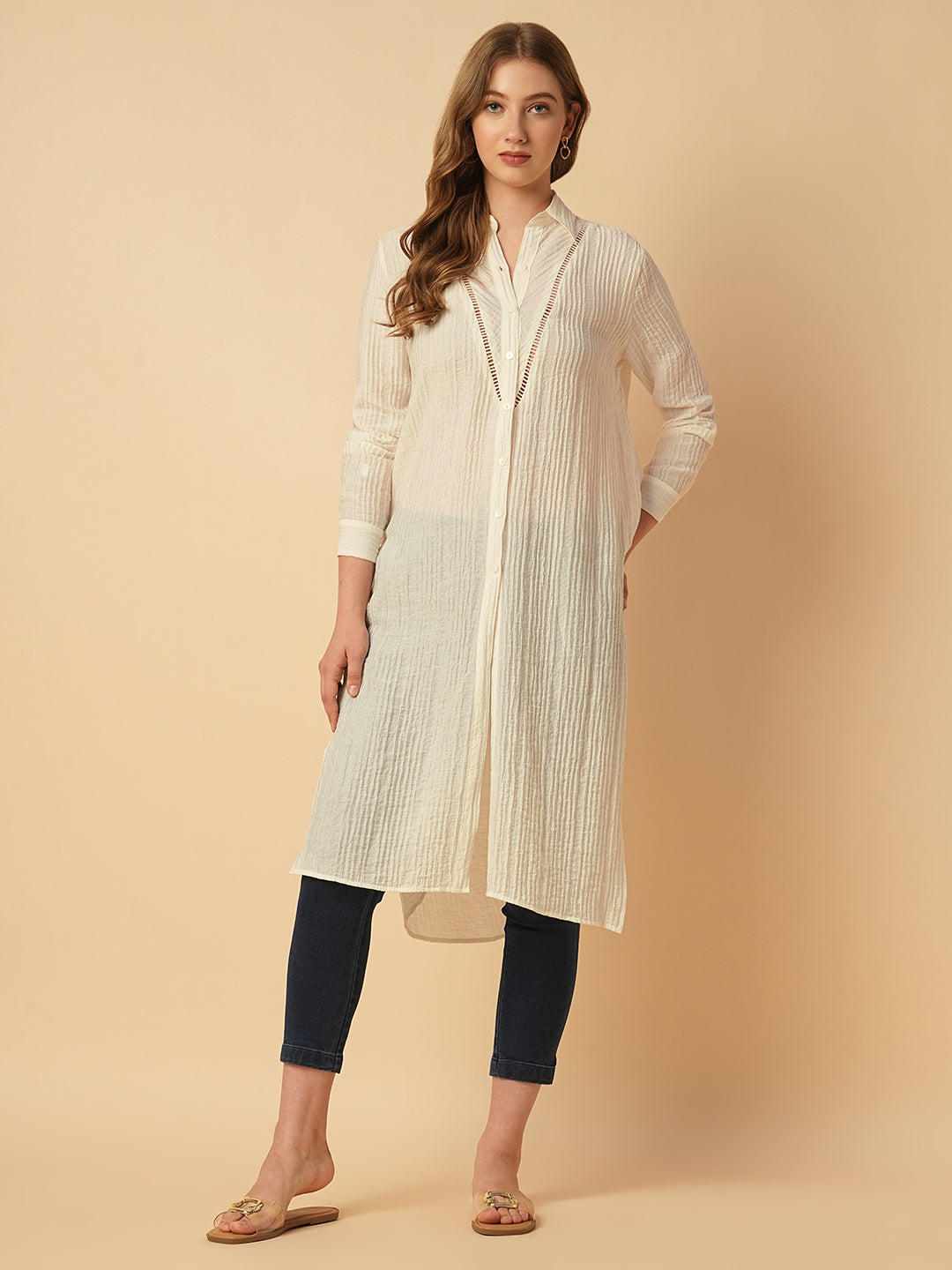 TEXTURED VISCOSE LACE INSERT LONGLINE SHIRT & INDIGO WASHED JEGGINGS