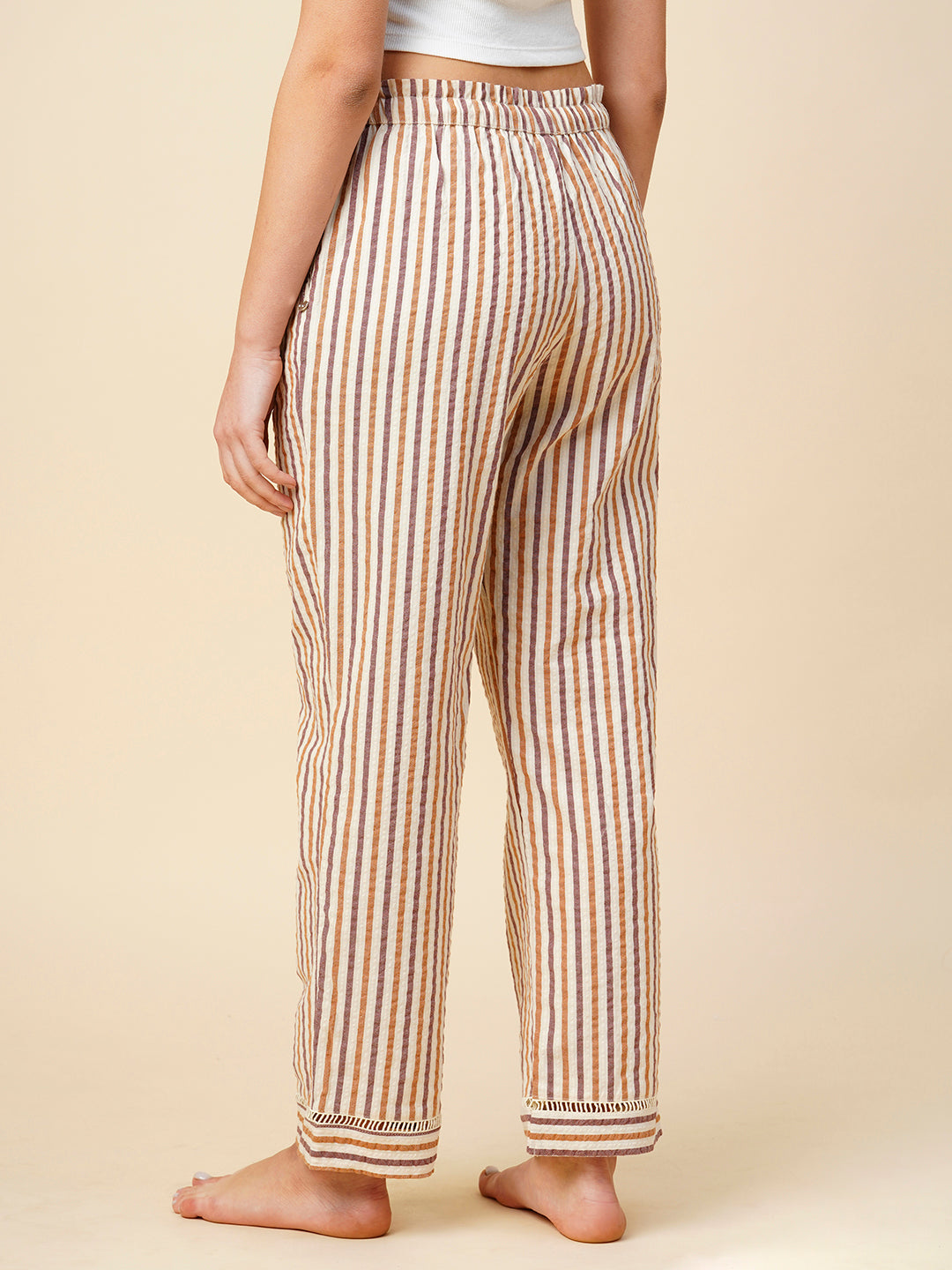Striped Seersucker Paper Bag Waist Pj'S W/ Lace Detailing