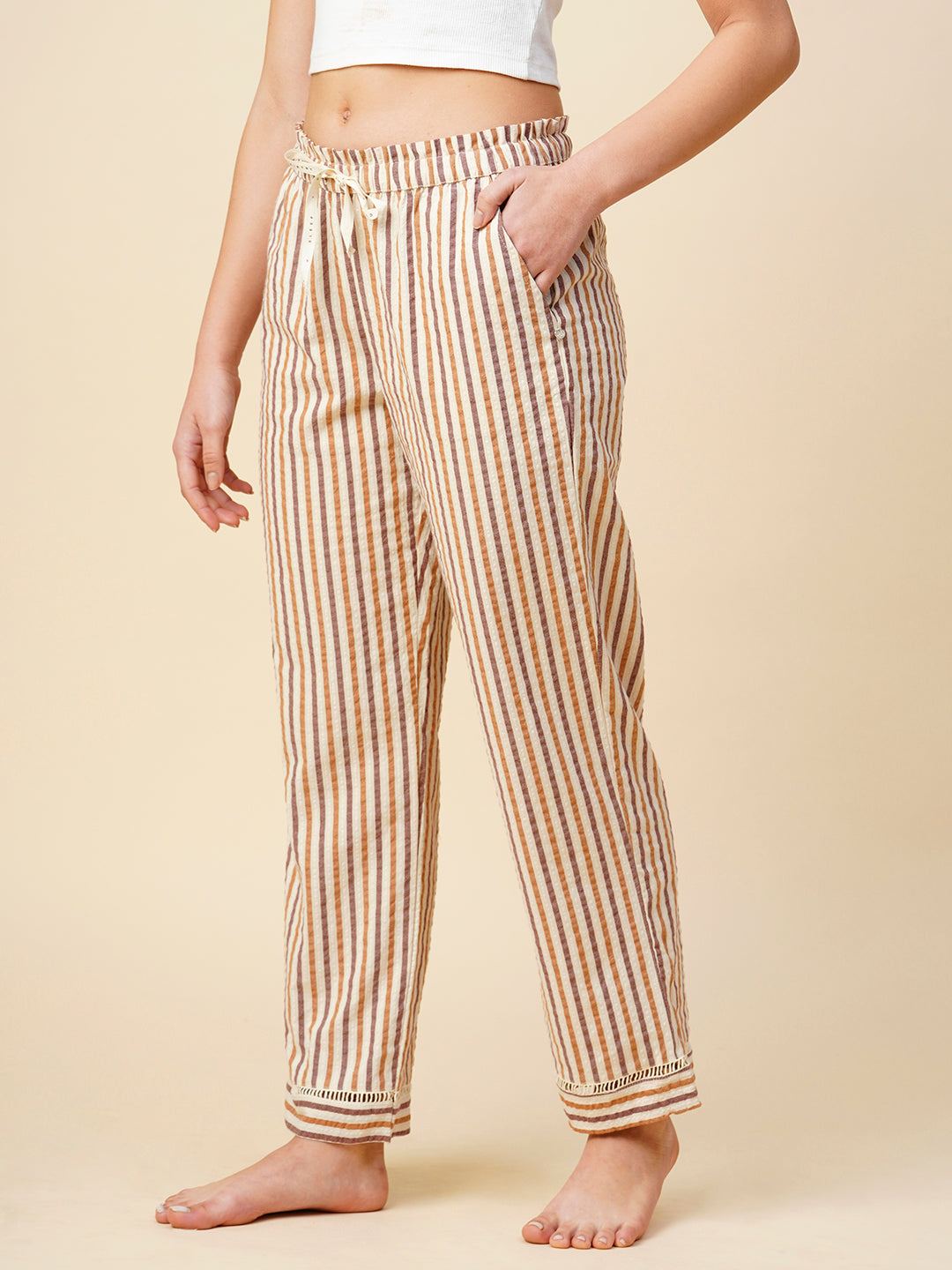 Striped Seersucker Paper Bag Waist Pj'S W/ Lace Detailing