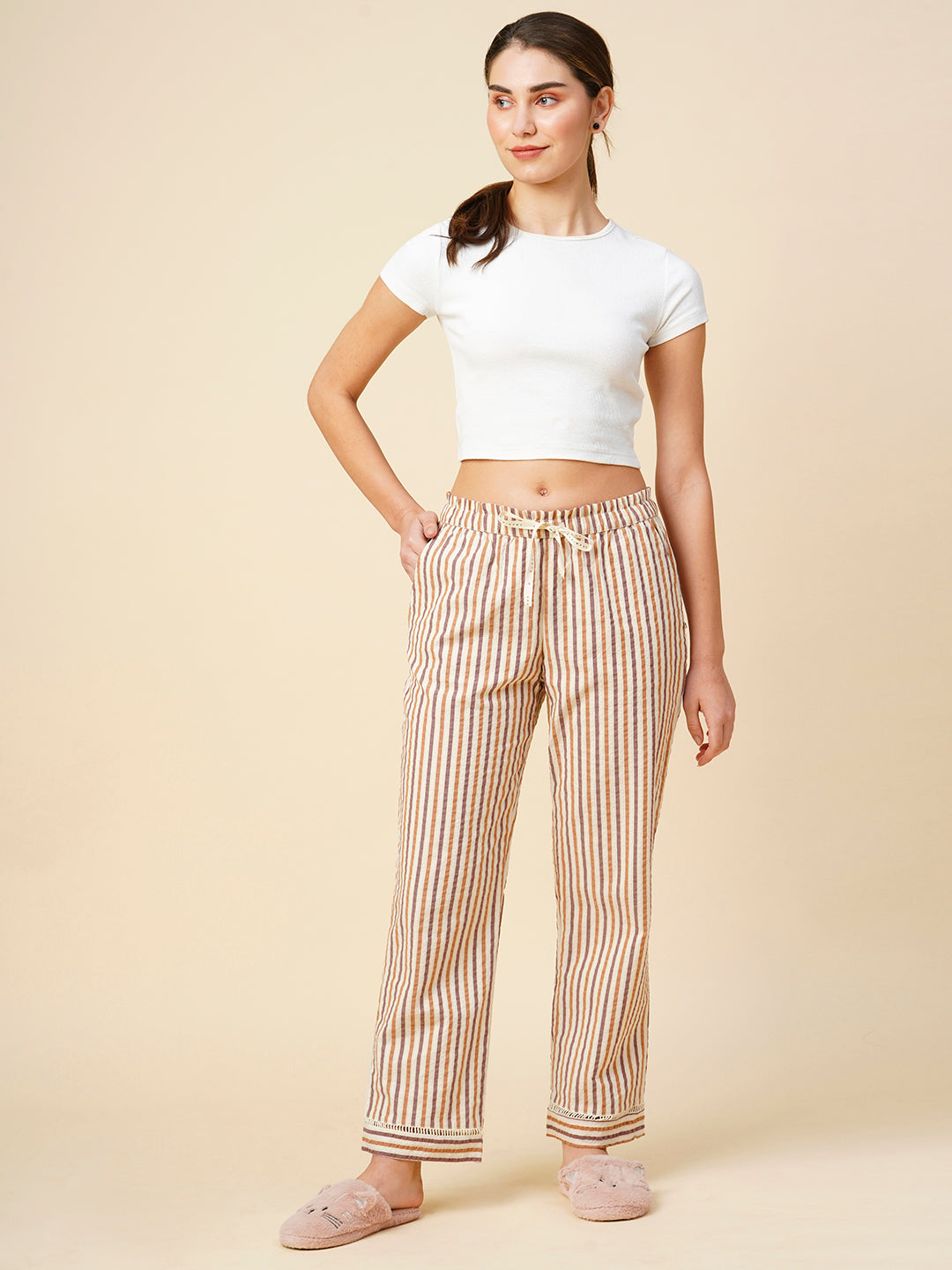 Striped Seersucker Paper Bag Waist Pj'S W/ Lace Detailing