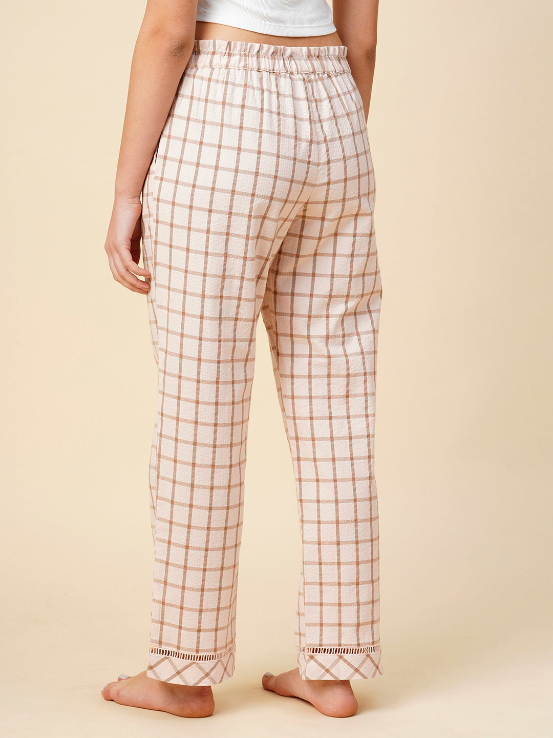Checkered Seersucker Paper Bag Waist Pj'S W/ Lace Detailing
