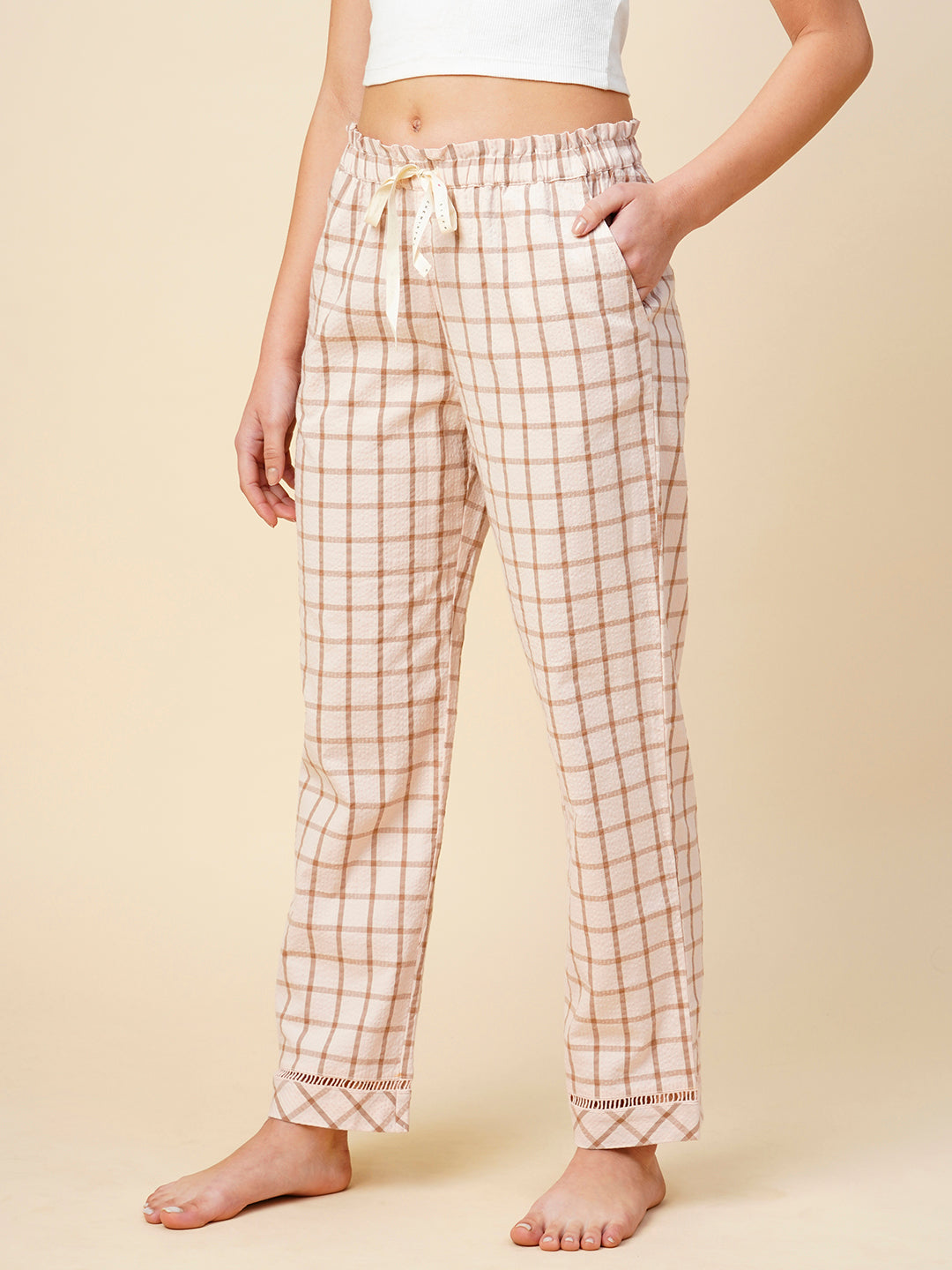 Checkered Seersucker Paper Bag Waist Pj'S W/ Lace Detailing
