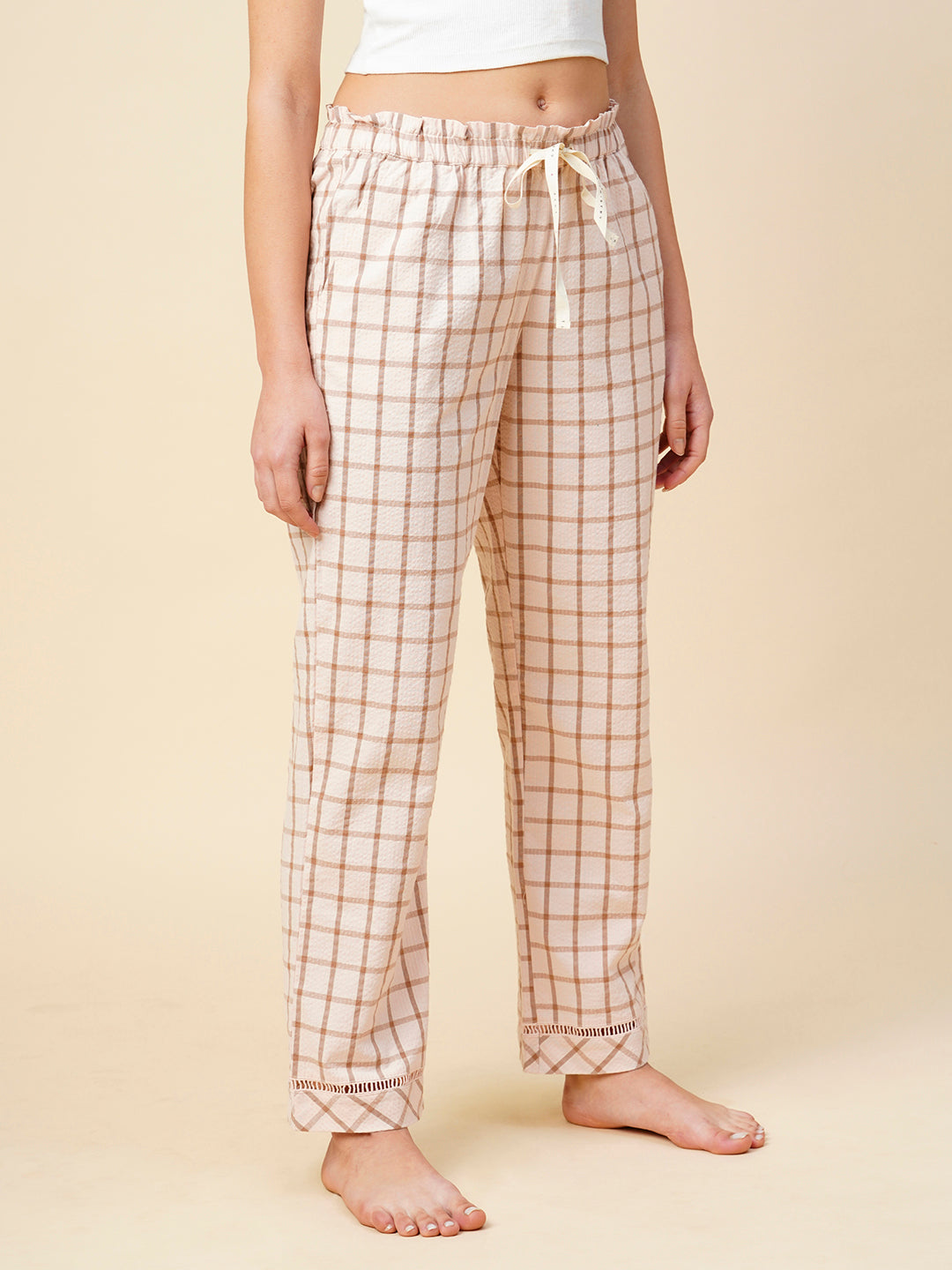 Checkered Seersucker Paper Bag Waist Pj'S W/ Lace Detailing