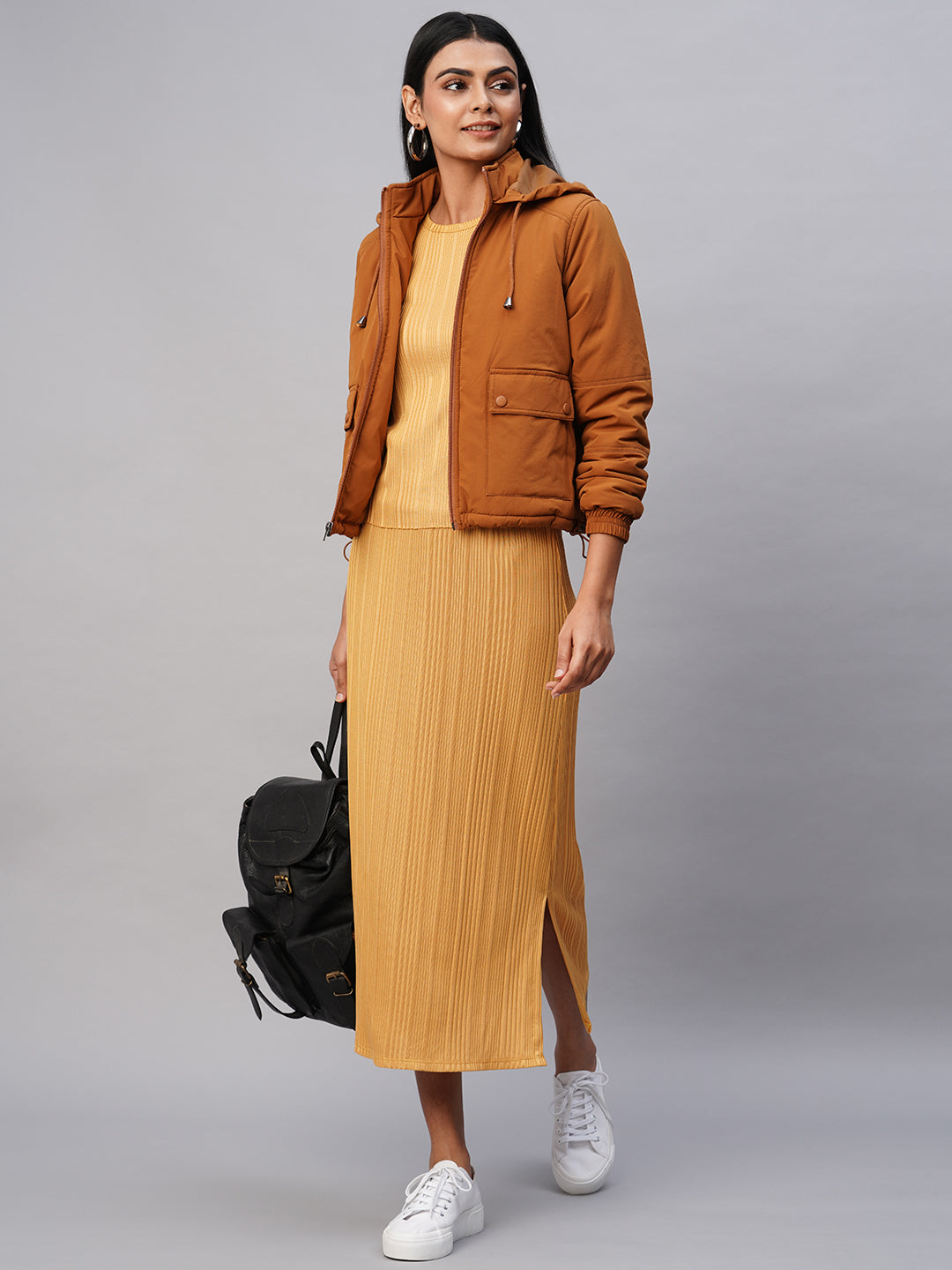 Ribbed Knit Tank And Pull On Slit Skirt "Airport Look Co-Ord Set"